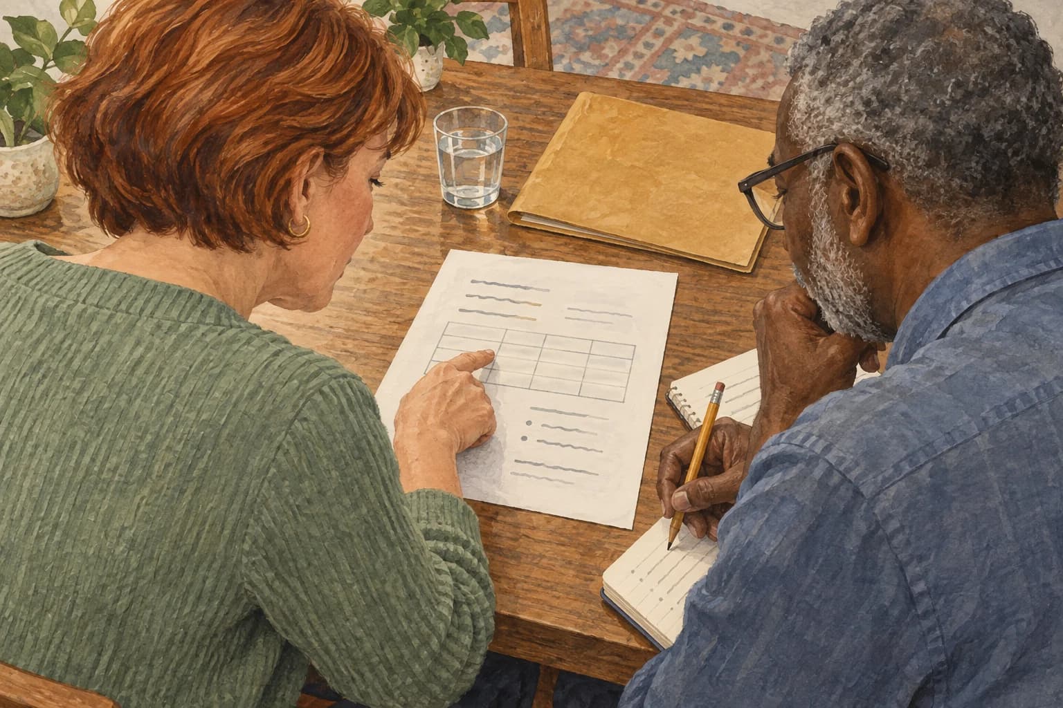 Two colleagues sit side by side reviewing a paper assumption table, with the sheet and notebook facing them.