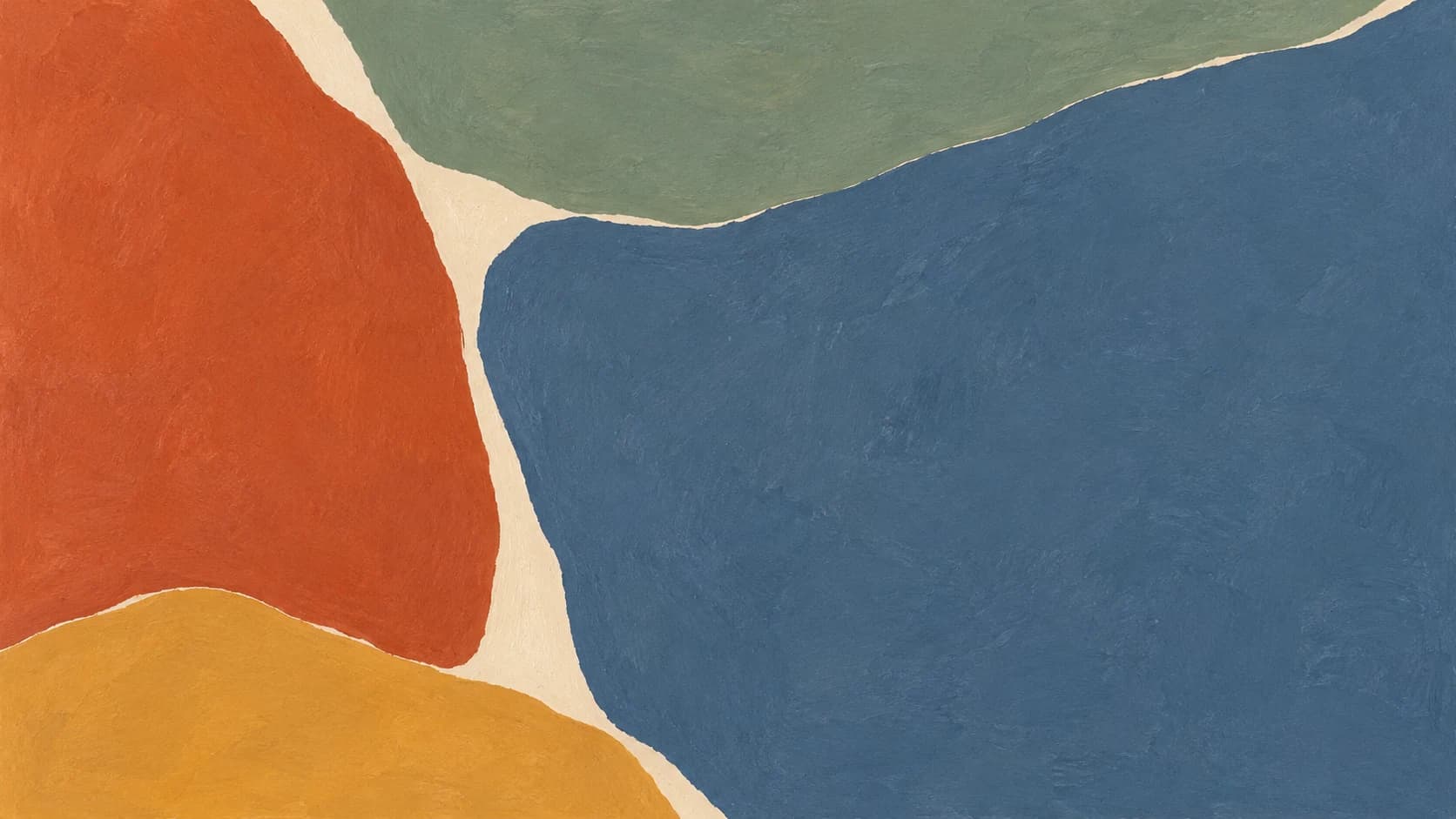 Broad terracotta, slate blue, sage and ochre gouache fields meet along irregular ivory seams across the canvas.