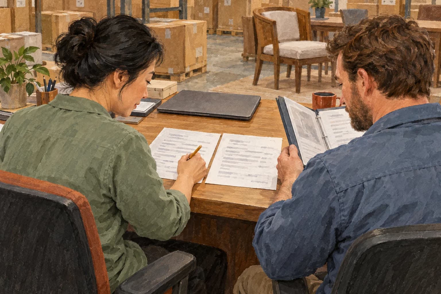 A furniture-wholesaler service lead marks a draft brief while a colleague checks an open evidence folder, with both drafts facing the workers.