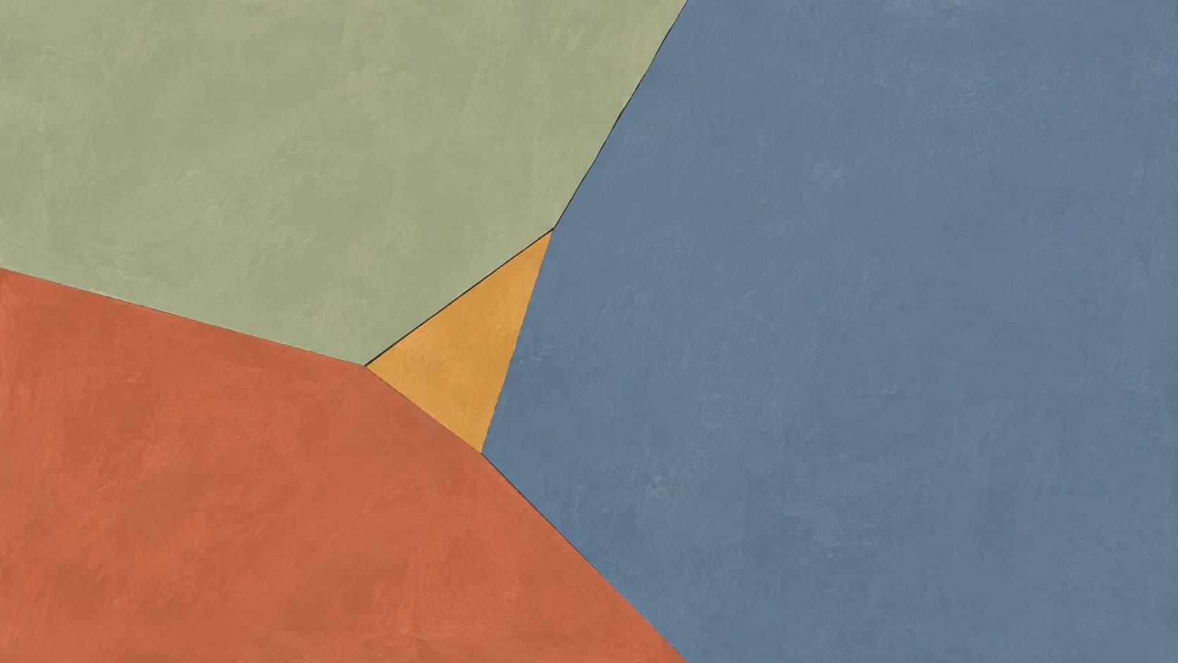 Broad sage, slate and terracotta painted planes meet at a narrow ochre join.