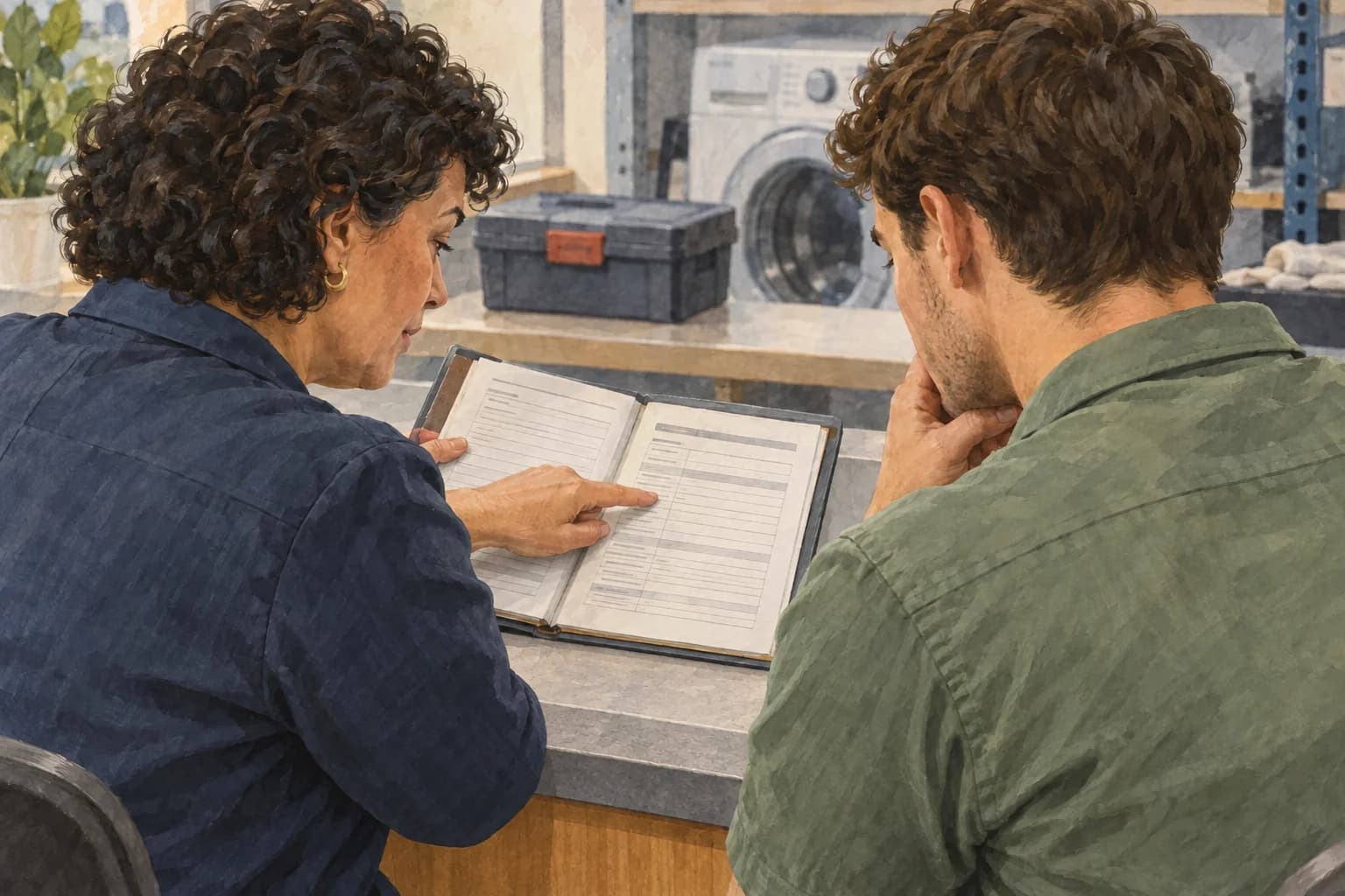 An appliance-service manager points to an entry in an open visit record while a platform specialist beside her examines the same worker-facing pages.