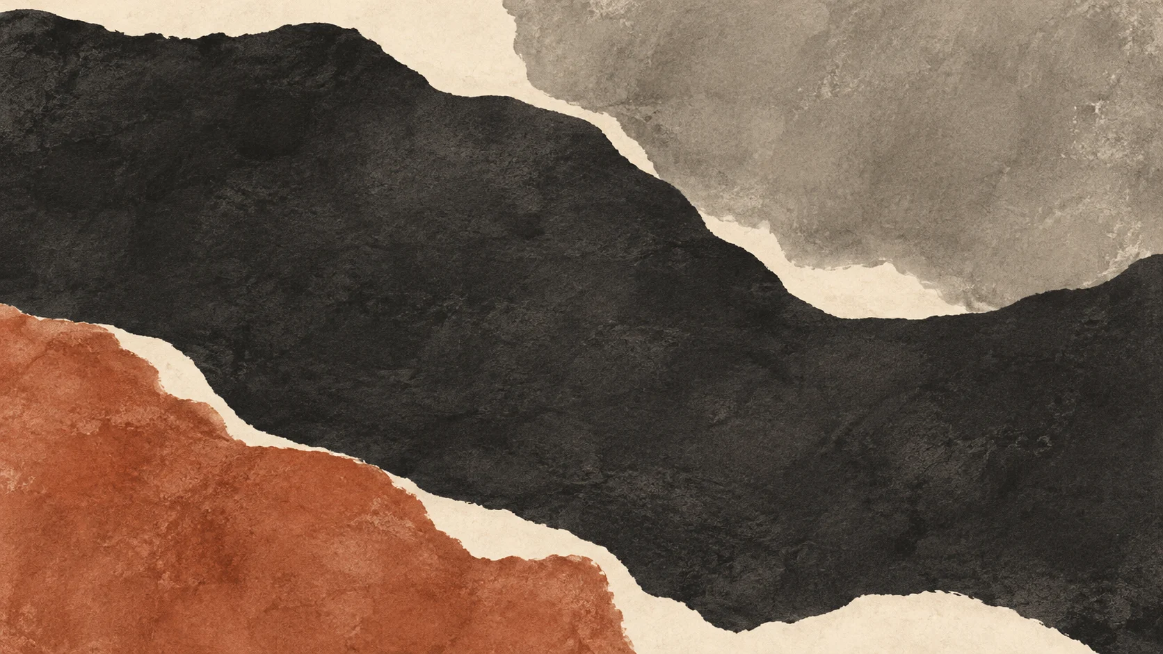 A broad irregular charcoal pigment field meets warm grey at the upper right and terracotta at the lower left, separated by narrow ivory intervals.