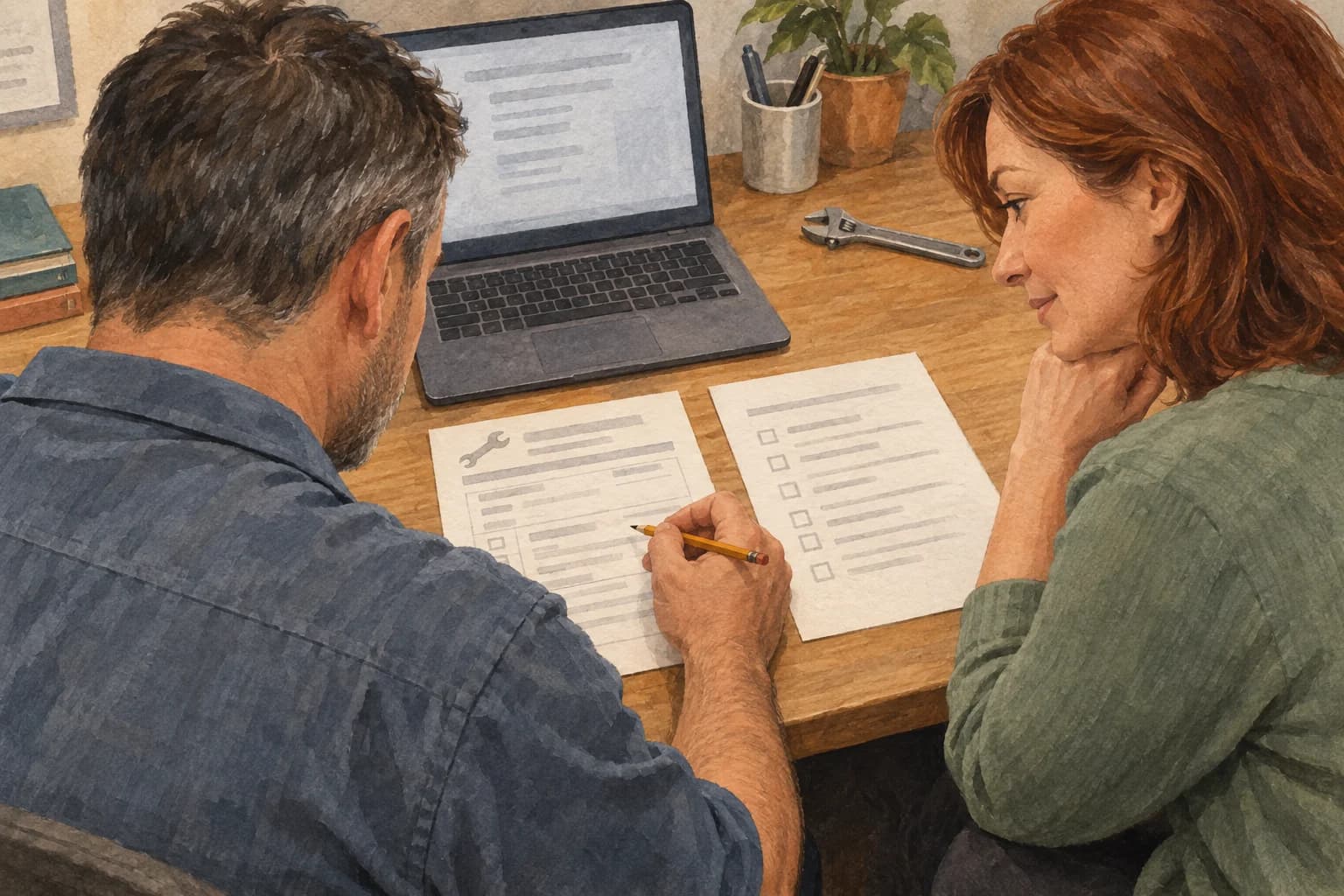 A facilities coordinator and a coach compare a maintenance request with a checklist, with the papers and laptop facing them.