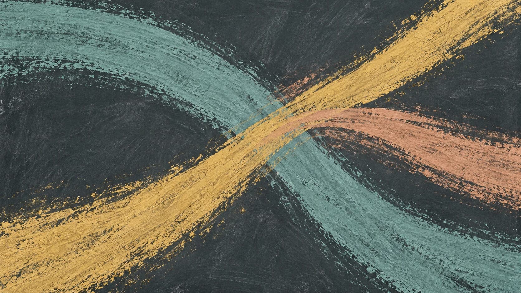 Broad ochre, teal and clay chalk paths cross and diverge across dark slate.