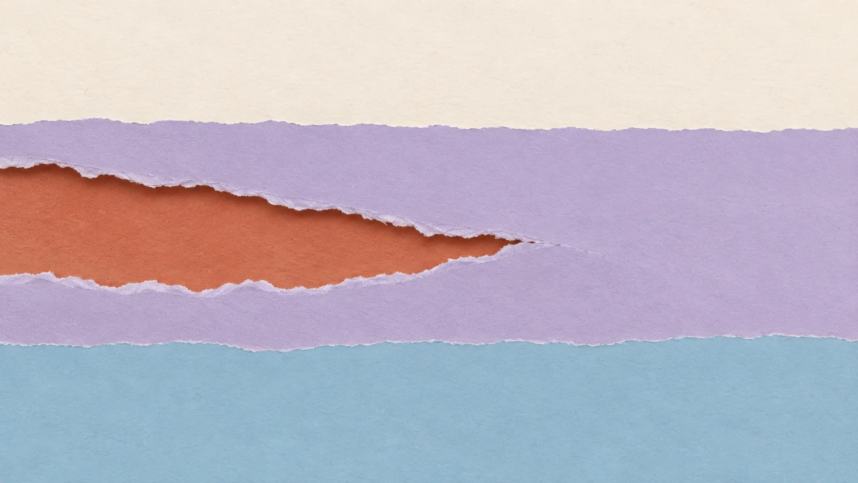 A long tear in lavender paper reveals a terracotta layer between broad ivory and pale blue bands.