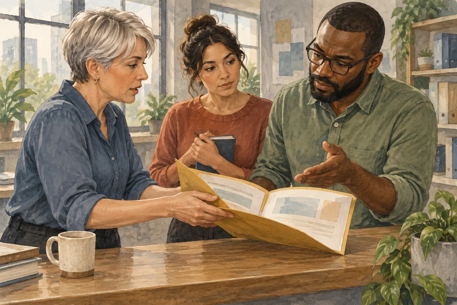 Two colleagues discuss documents in an open folder while a third listens with a notebook.