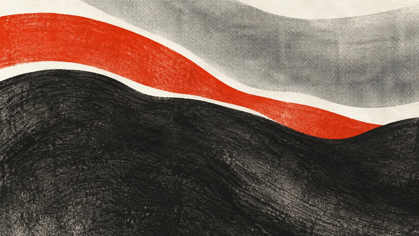 Broad charcoal and gray halftone fields span the frame, with a vermilion ribbon flowing between them.