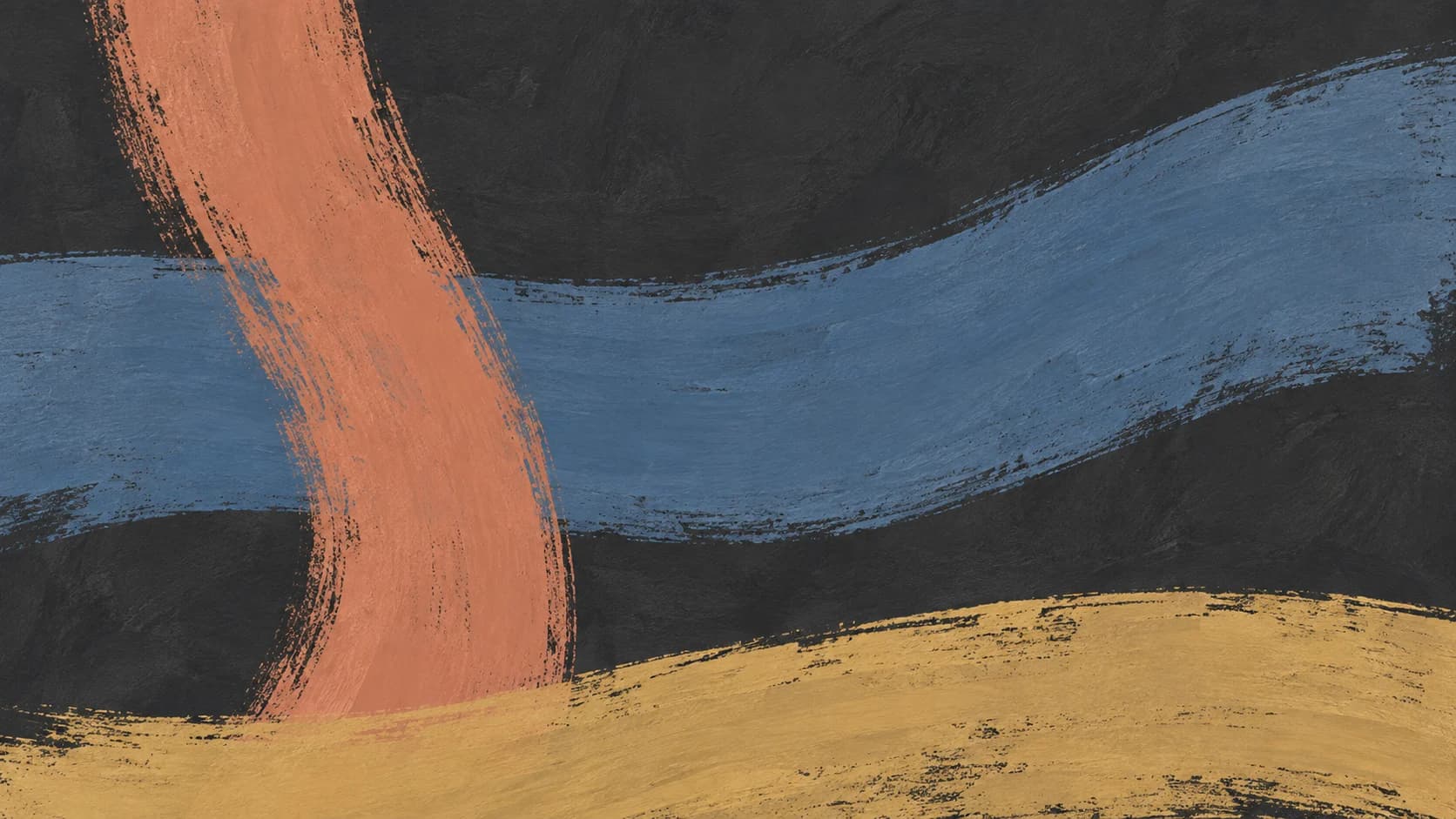 Broad slate blue, coral and ochre painted gestures meet across a textured charcoal field.