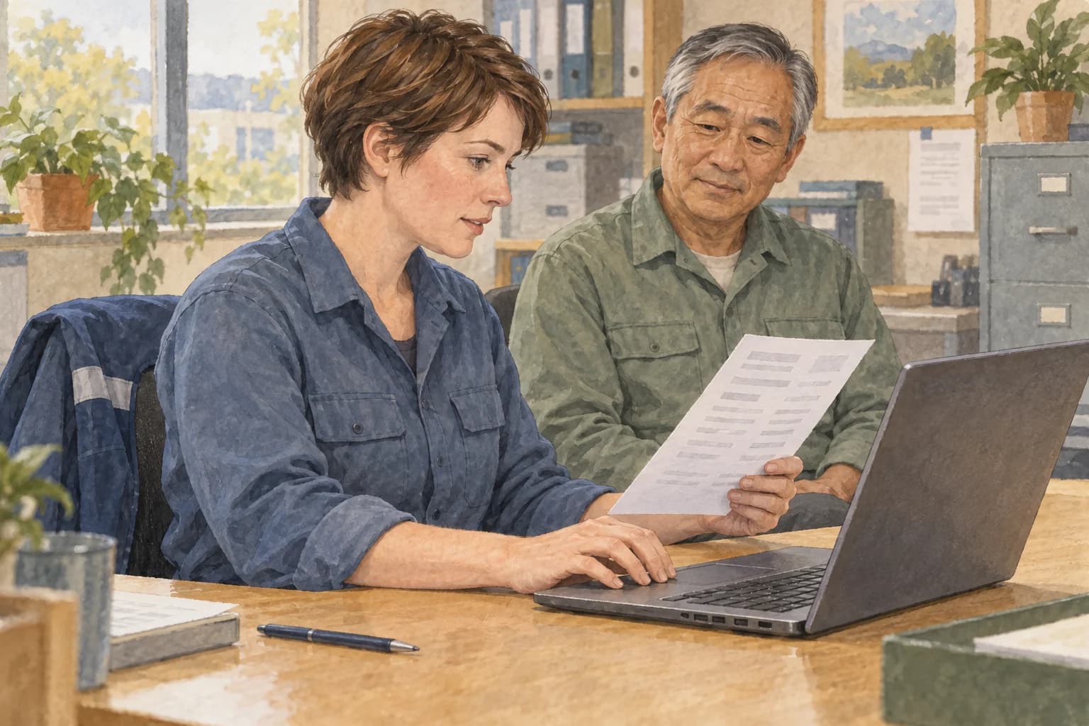 A coordinator compares a printed job note with work on a laptop while a colleague observes without taking over.