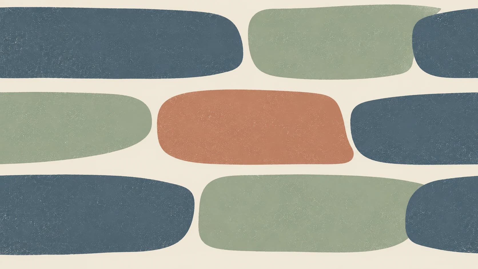 Three broad bands of slate and sage printed marks meet staggered ivory intervals around a muted terracotta checkpoint.