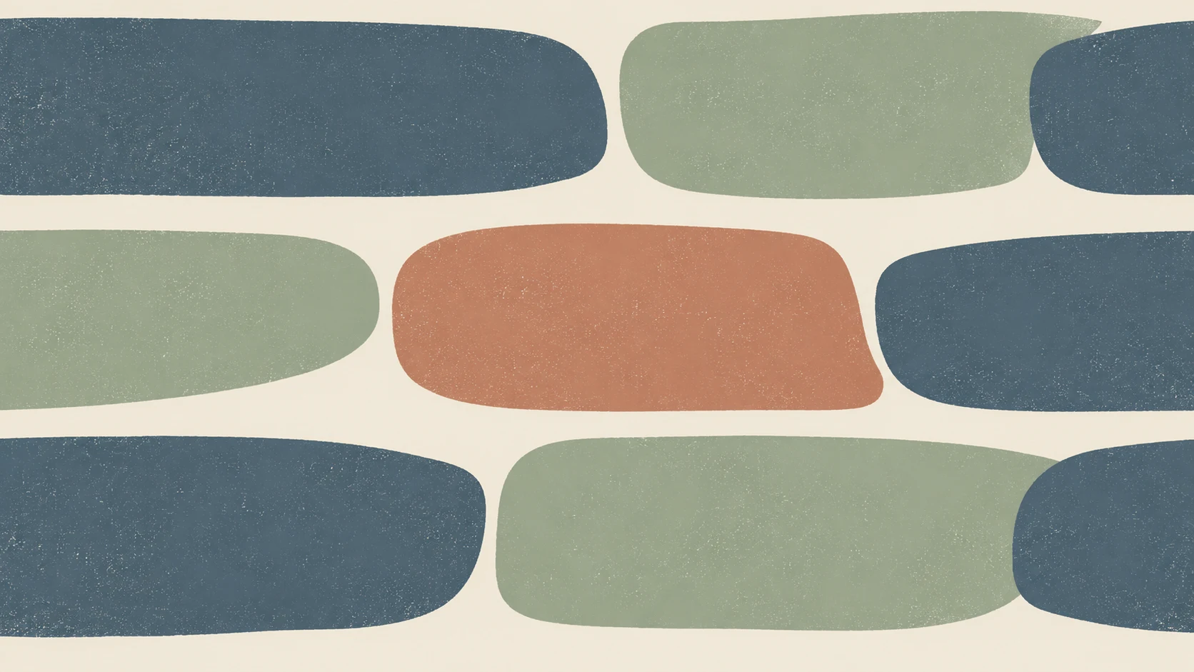 Three broad bands of slate and sage printed marks meet staggered ivory intervals around a muted terracotta checkpoint.