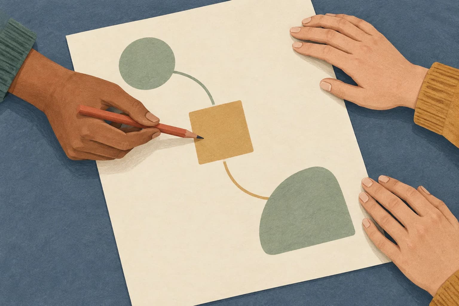 Colleagues review one shared sheet together, with one pointing to a connection using a pencil while another steadies the page.