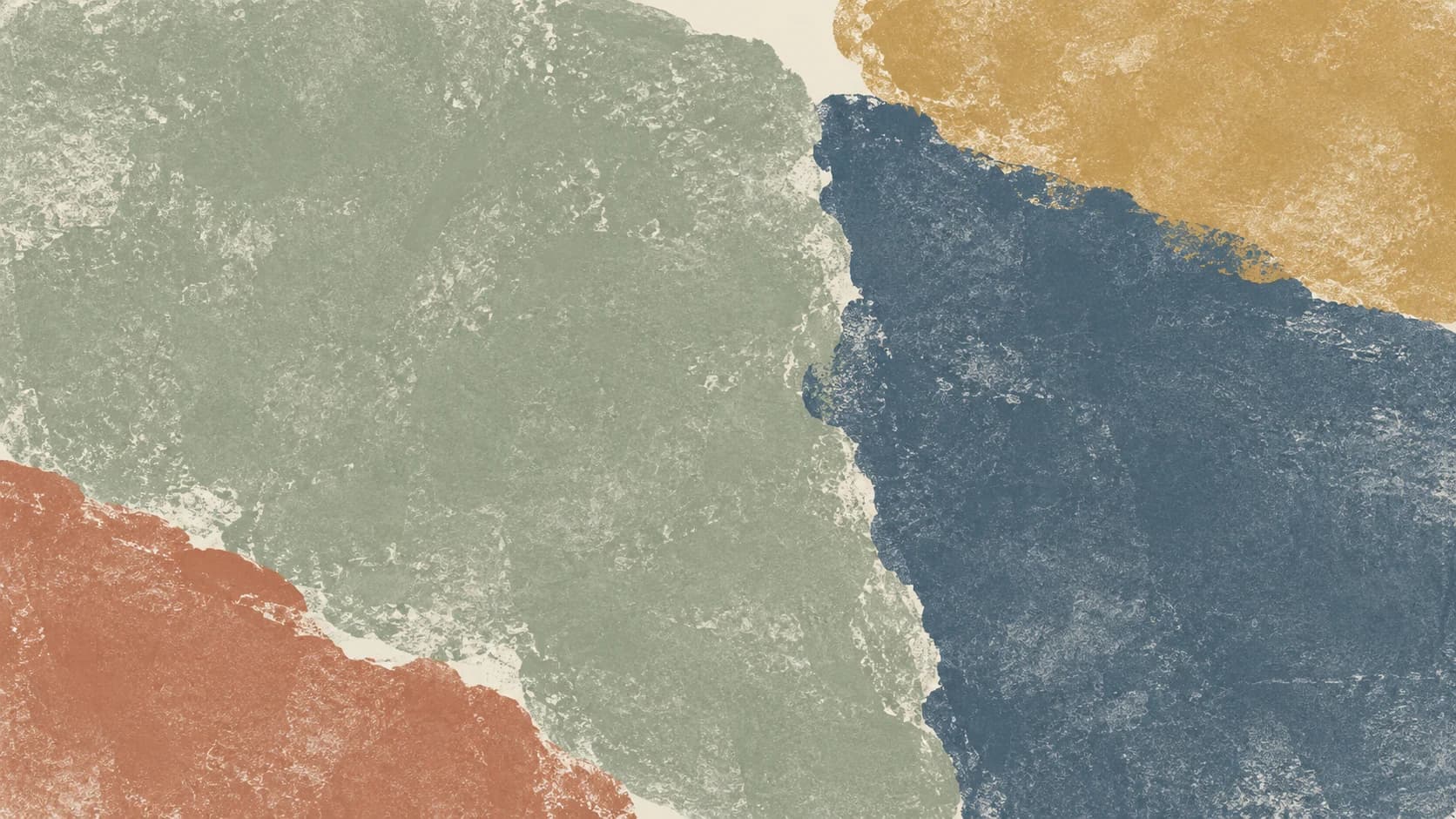 Broad sage and slate monoprint impressions meet along an irregular vertical contact, with ochre and clay at the edges.