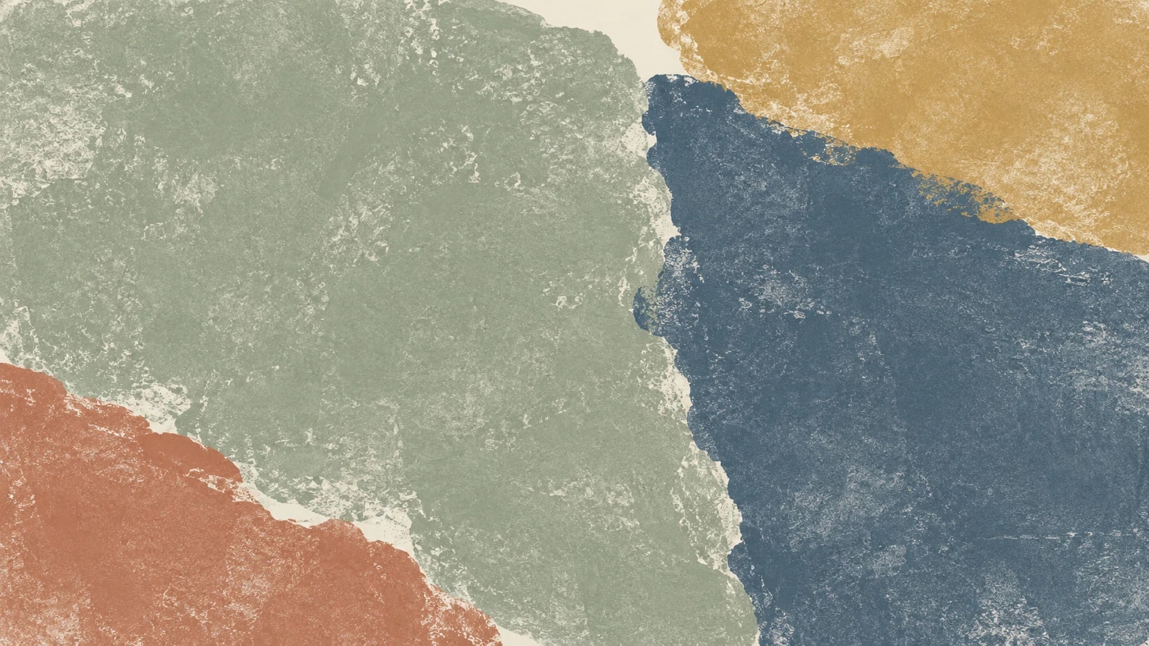 Broad sage and slate monoprint impressions meet along an irregular vertical contact, with ochre and clay at the edges.