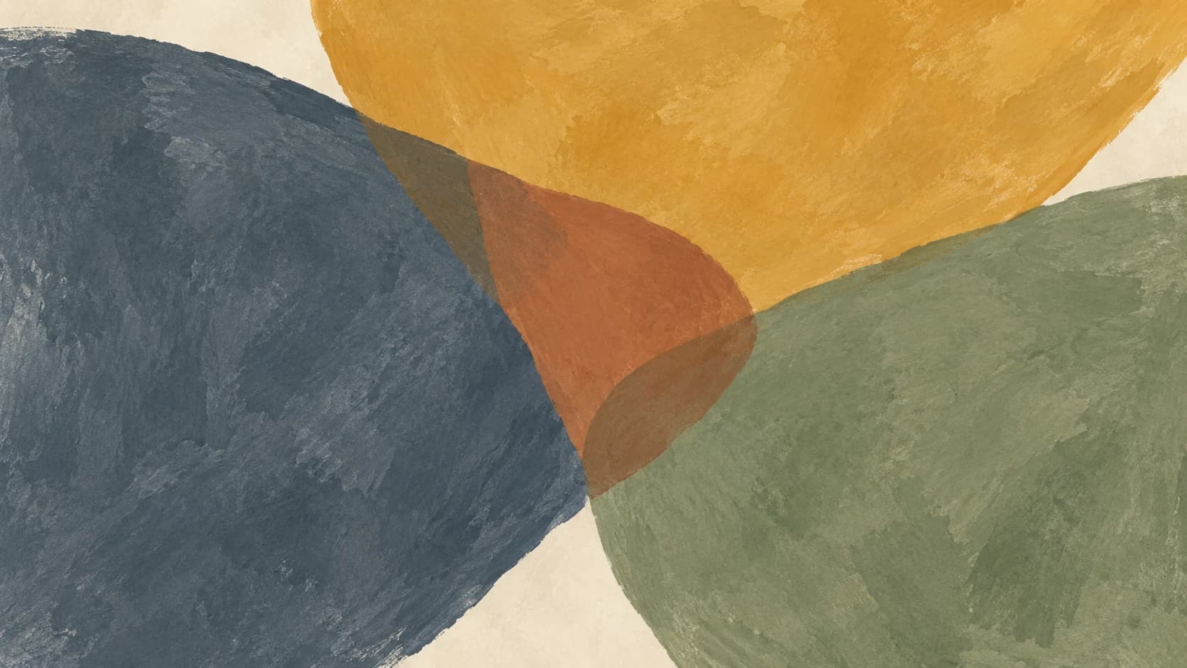 Slate and sage impressions meet an ochre field around a terracotta overlap.