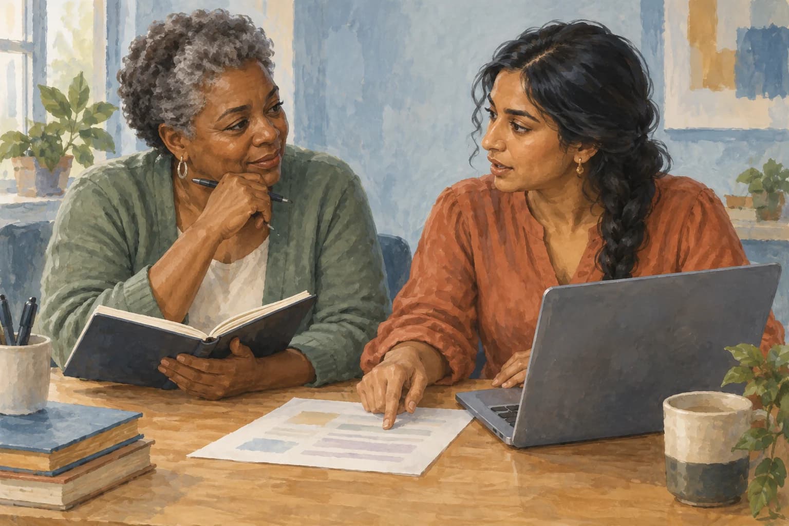 A colleague points to a document beside her laptop while a peer listens with an open notebook.