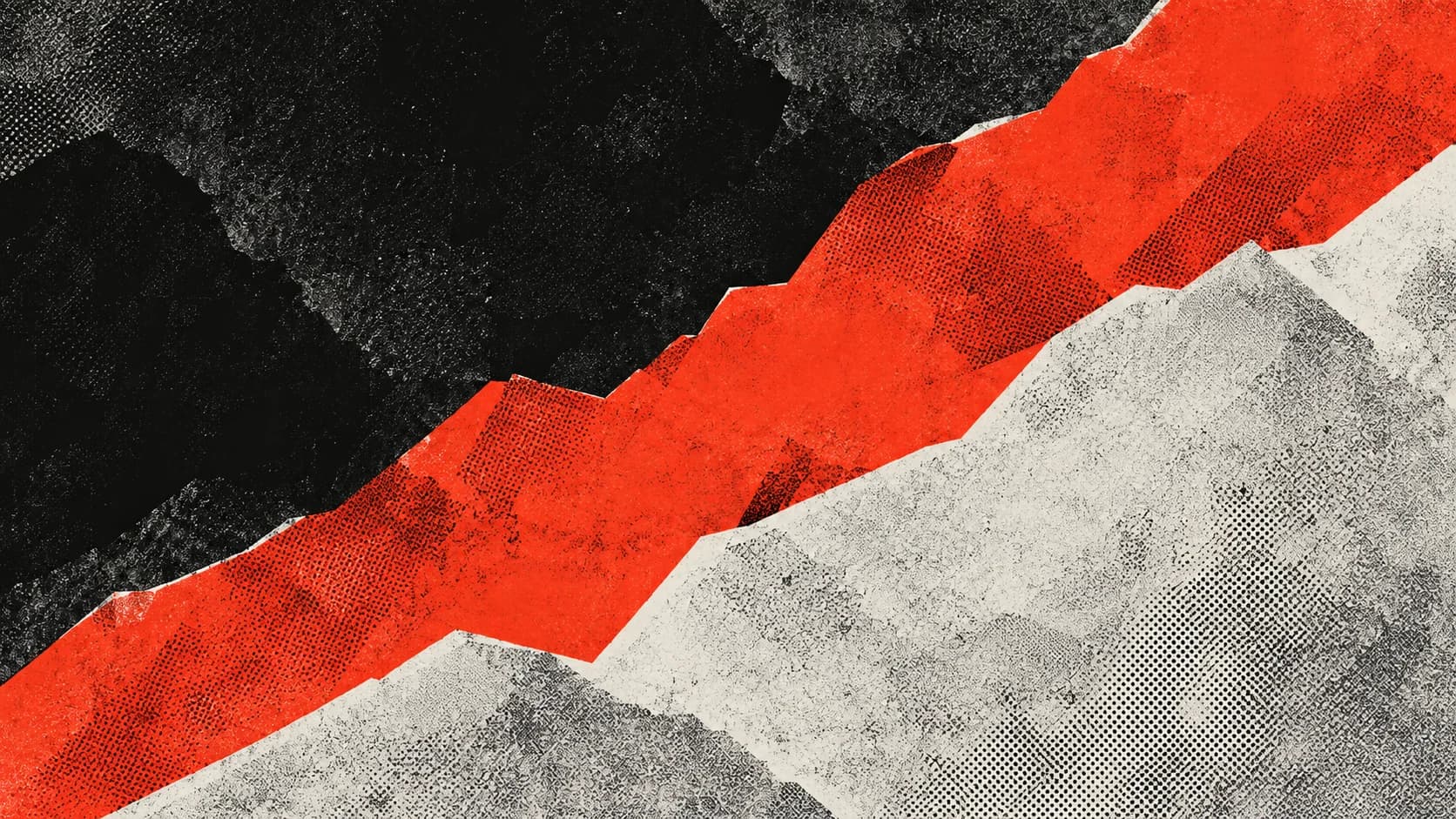 A broad vermilion diagonal seam separates charcoal and pale halftone fields across the canvas.