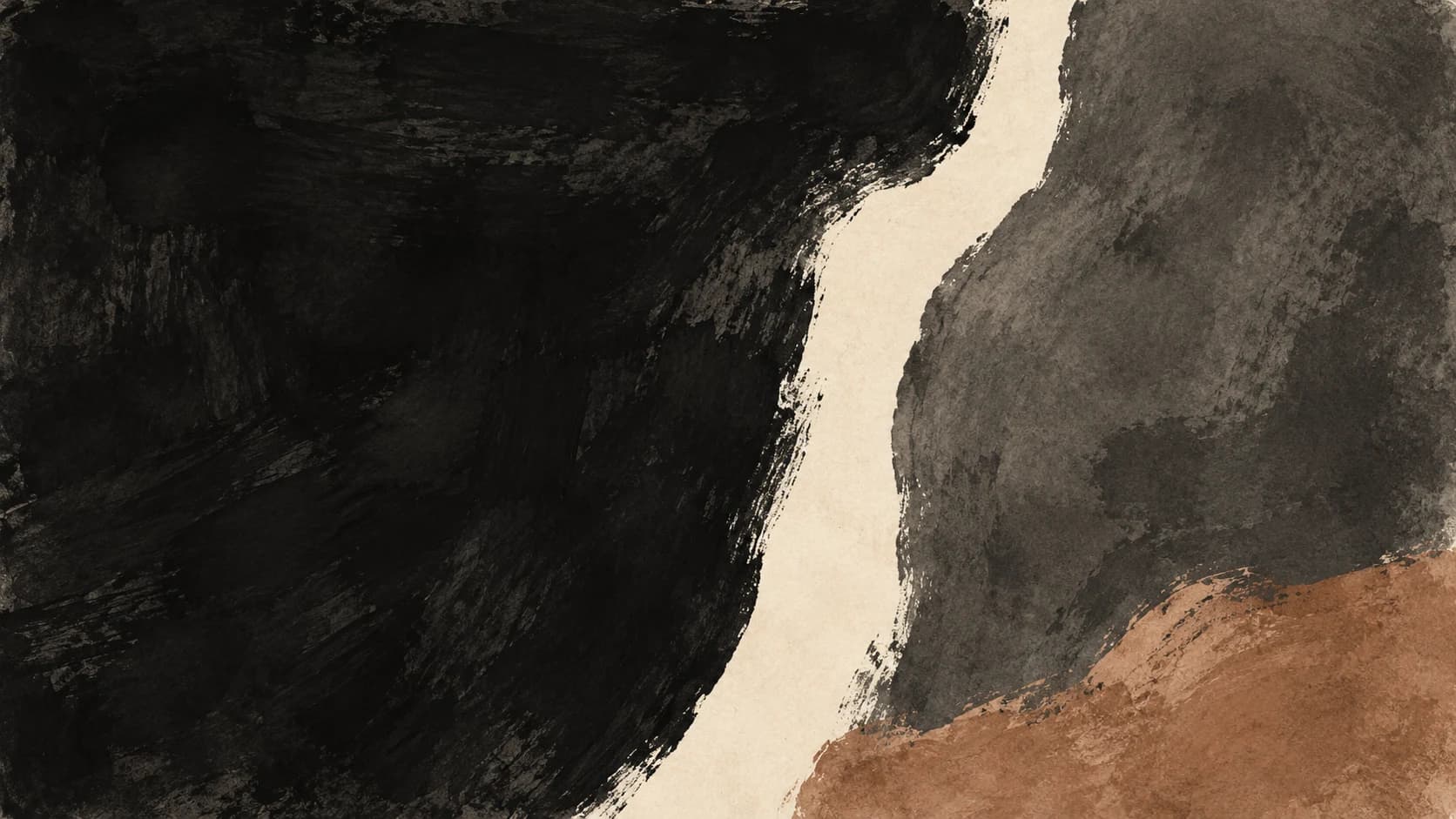 Broad charcoal and warm-gray ink impressions meet along an upright ivory channel, with a clay accent at the lower-right edge.
