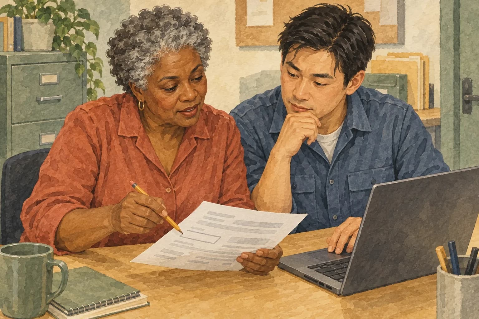 Two facilities colleagues compare a visit-note sheet with a draft at their desk, pausing together over a detail that needs checking.
