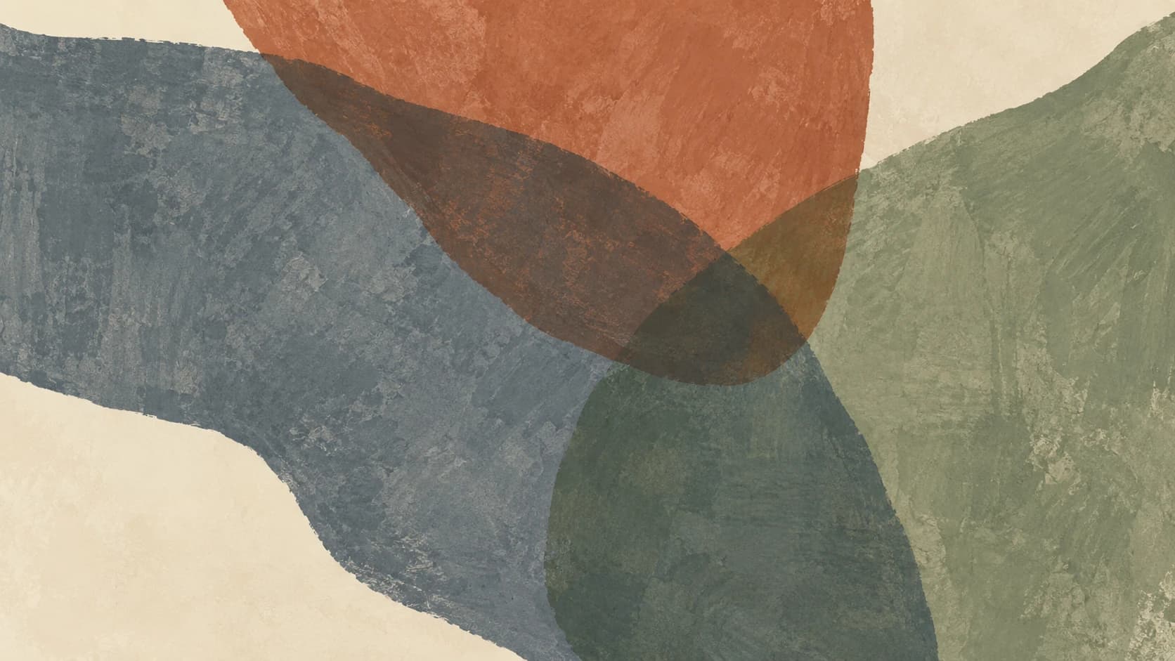 Translucent slate, terracotta and sage impressions overlap near the center.