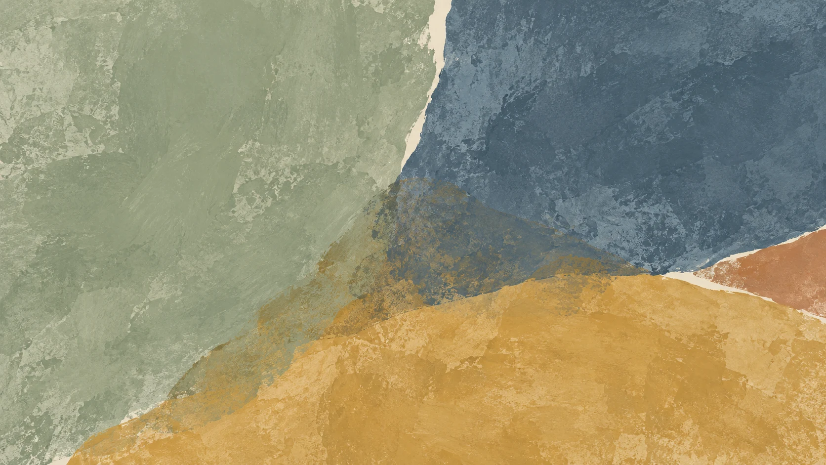 Broad sage and slate-blue pigment impressions meet an ochre field rising from the lower edge, with mixed color at their shared contact areas.