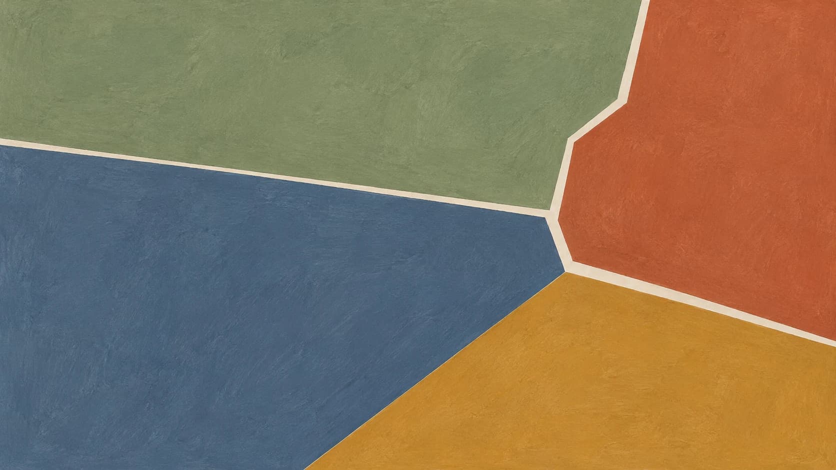 Broad sage, terracotta, slate blue and ochre painted planes fit together along narrow stepped ivory seams.
