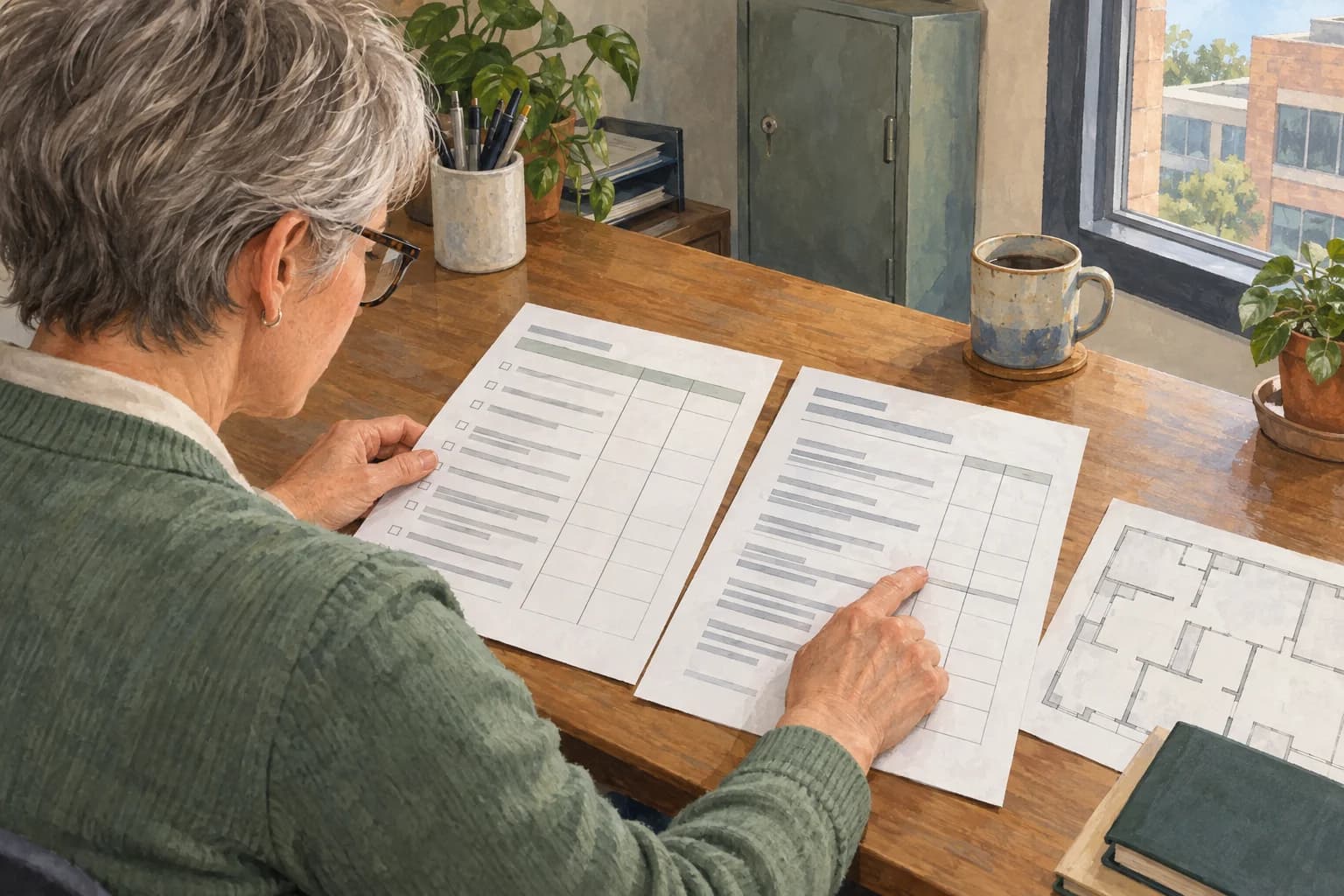 An experienced property-maintenance planner compares her visit plan with a returned contractor report, with both papers facing her.