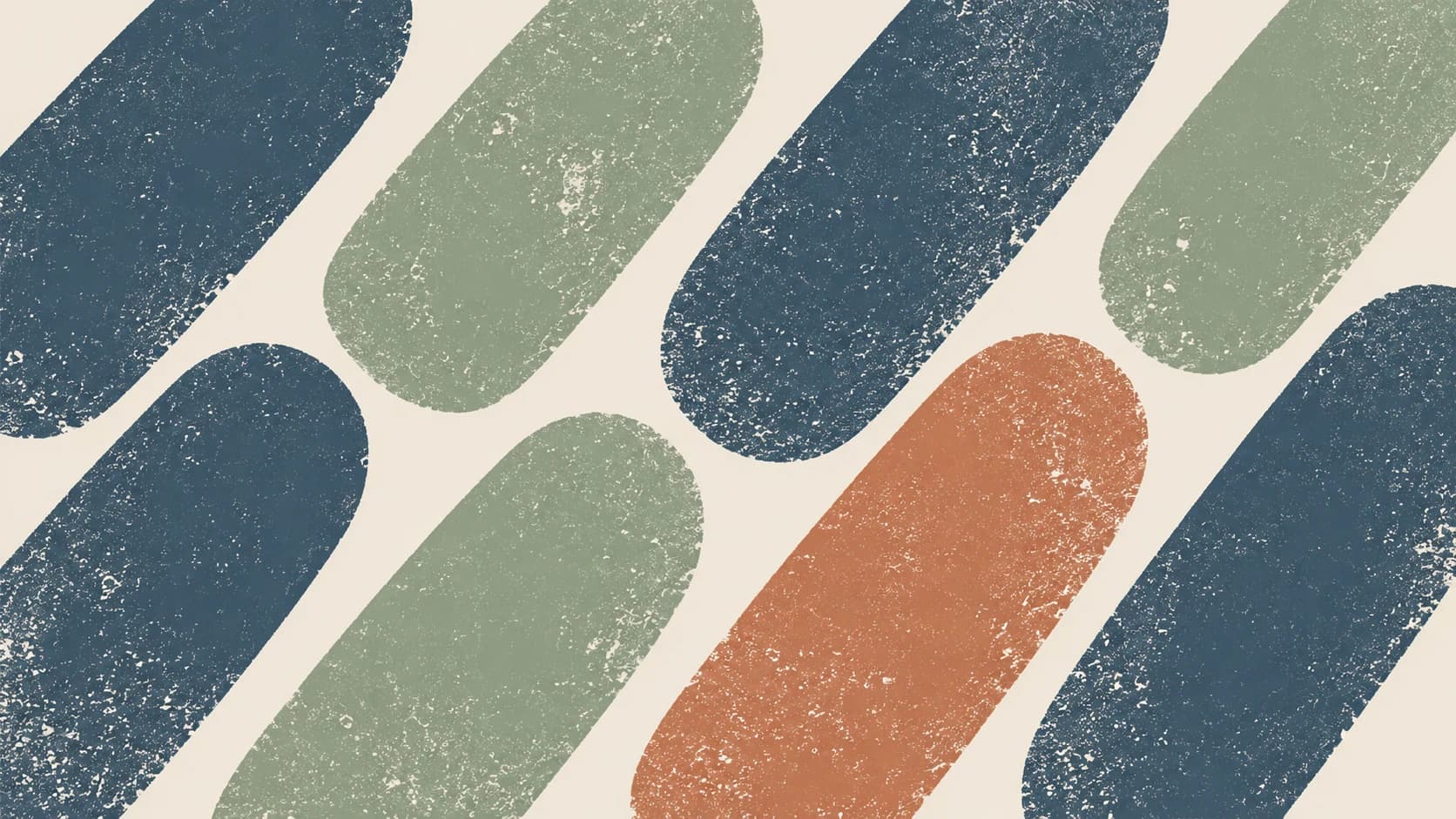 Broad diagonal slate, sage and terracotta ink slots form interrupted columns across an opaque ivory ground.