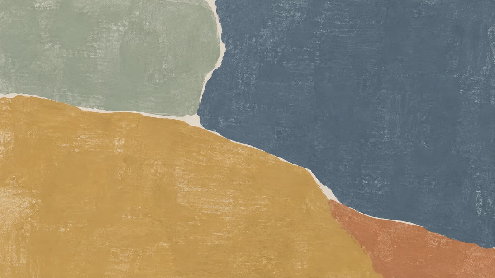 Broad sage, slate, ochre and clay pigment impressions meet at offset irregular contacts across the full canvas.