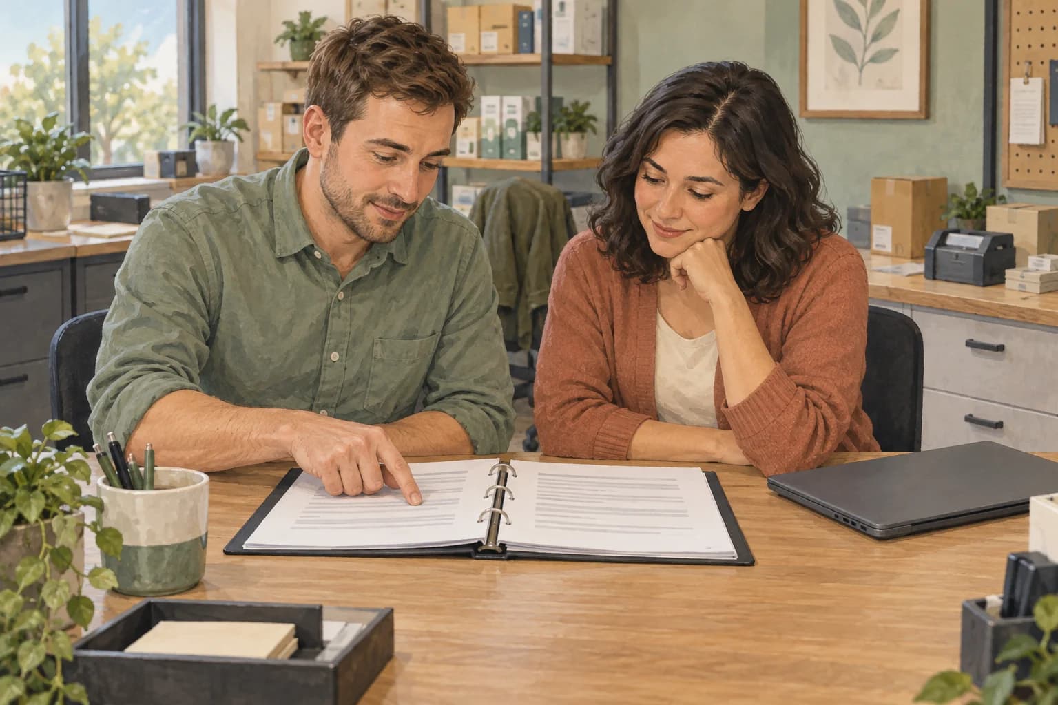 A customer-service colleague points to a policy binder while the champion observes beside a closed laptop, letting the backup lead the check.