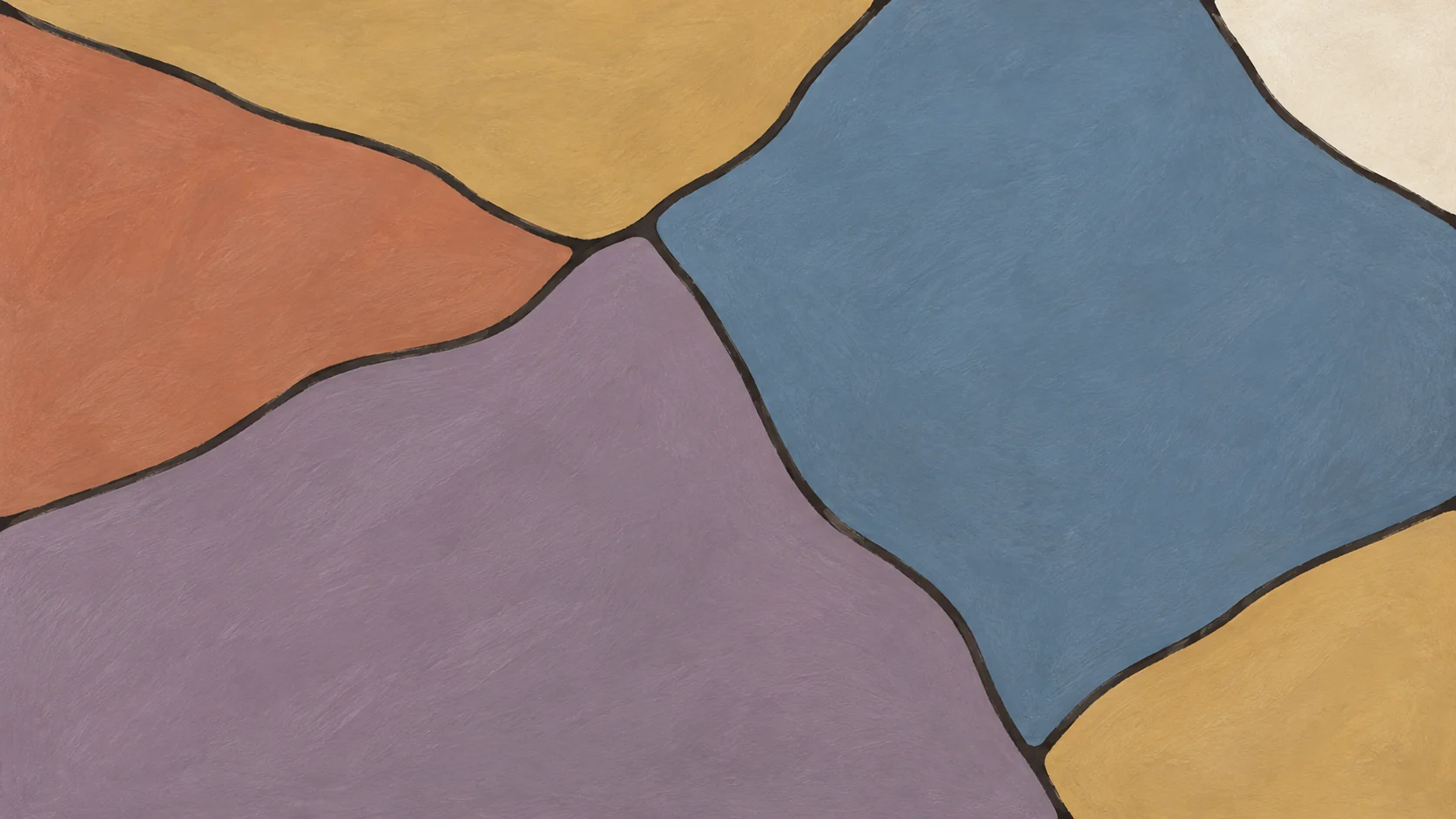Broad mauve, slate blue, terracotta and ochre pigment fields touch along irregular charcoal seams.