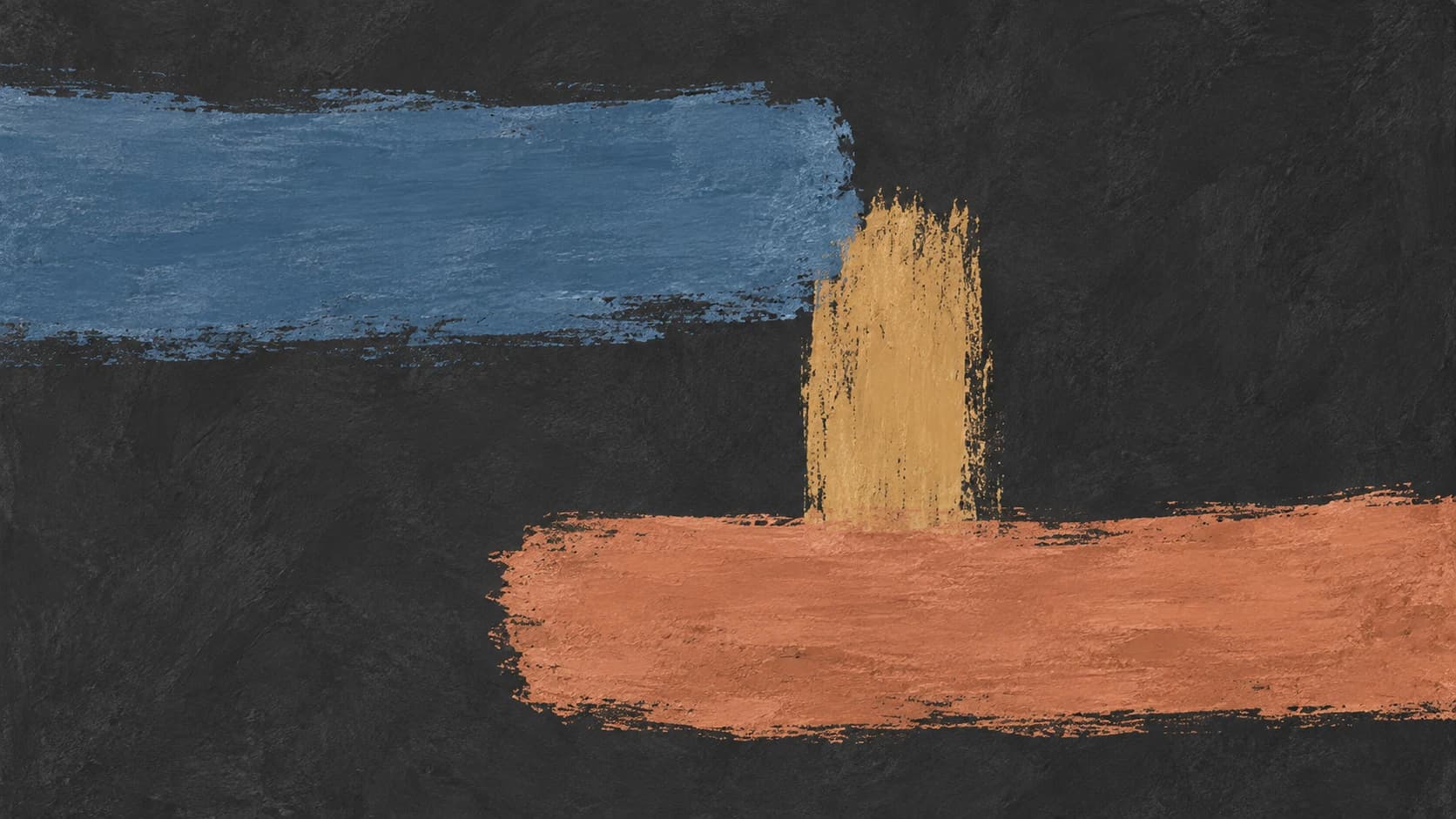 Broad slate-blue and terracotta painted strokes meet an ochre gesture on a textured charcoal ground.