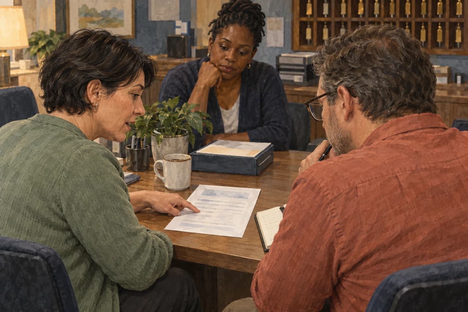 A reservations agent explains a printed case to a manager seated beside her, while another colleague listens across the table.