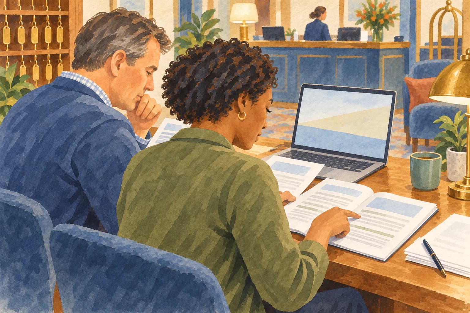A hotel reservations trainer and colleague compare a revised practice guide with a source sheet beside a laptop facing them.