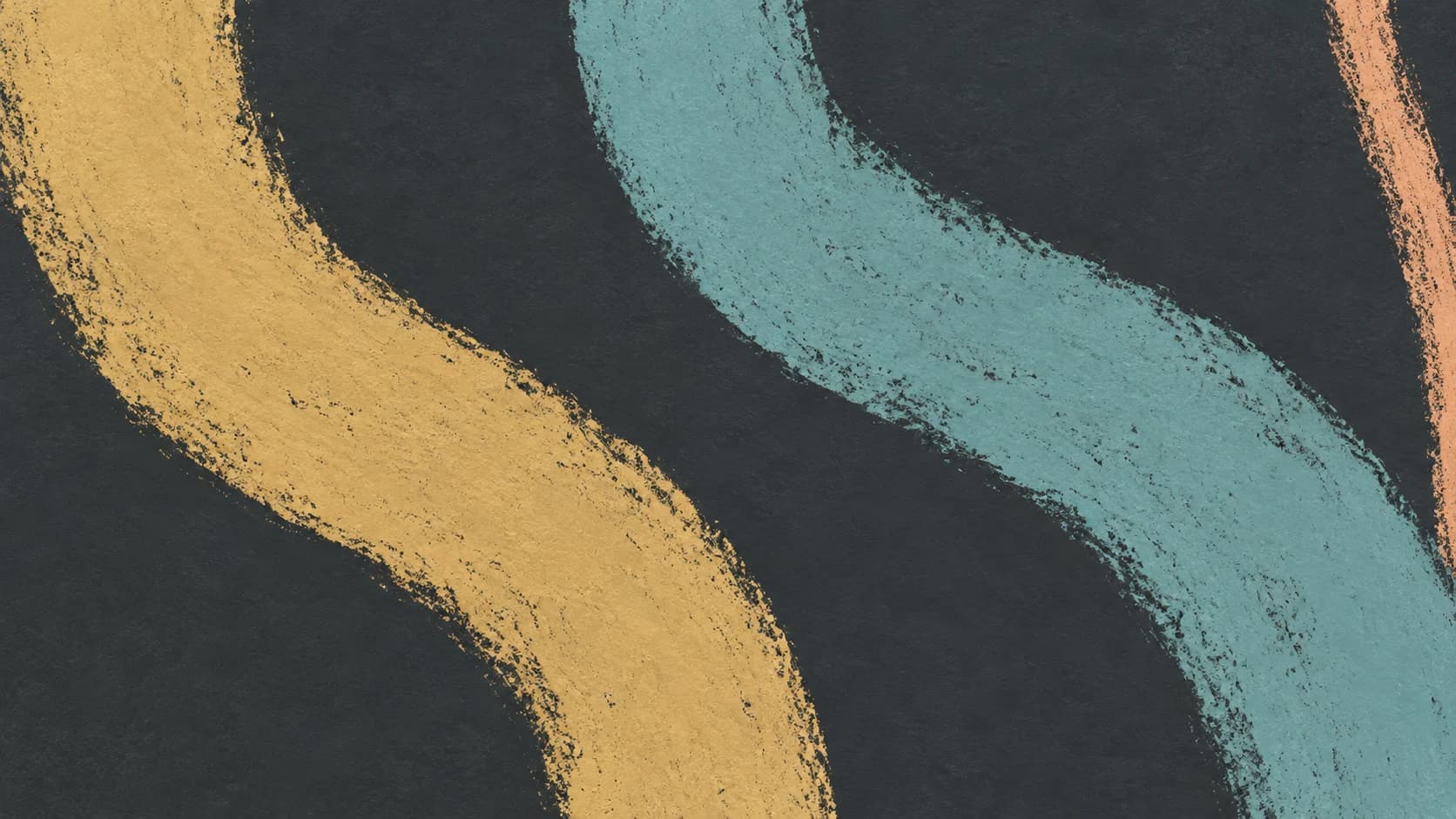 Two broad ochre and turquoise chalk paths turn separately across a charcoal slate field, with a restrained peach edge.