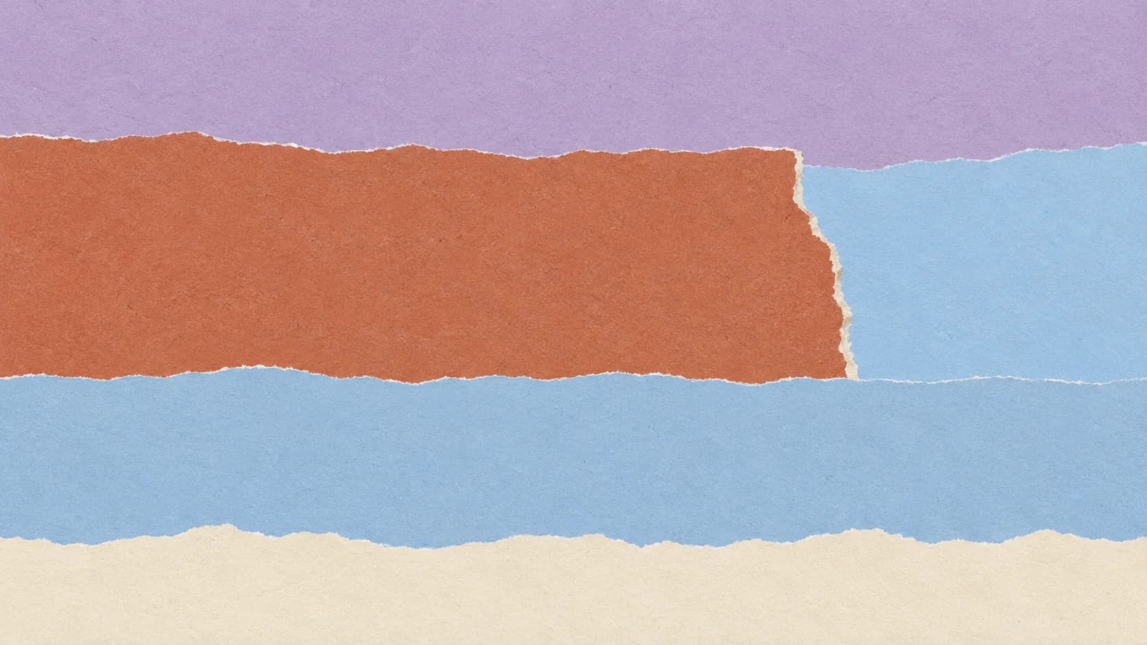 Broad lavender, terracotta and pale blue torn-paper bands, with a visible interruption in the terracotta layer.