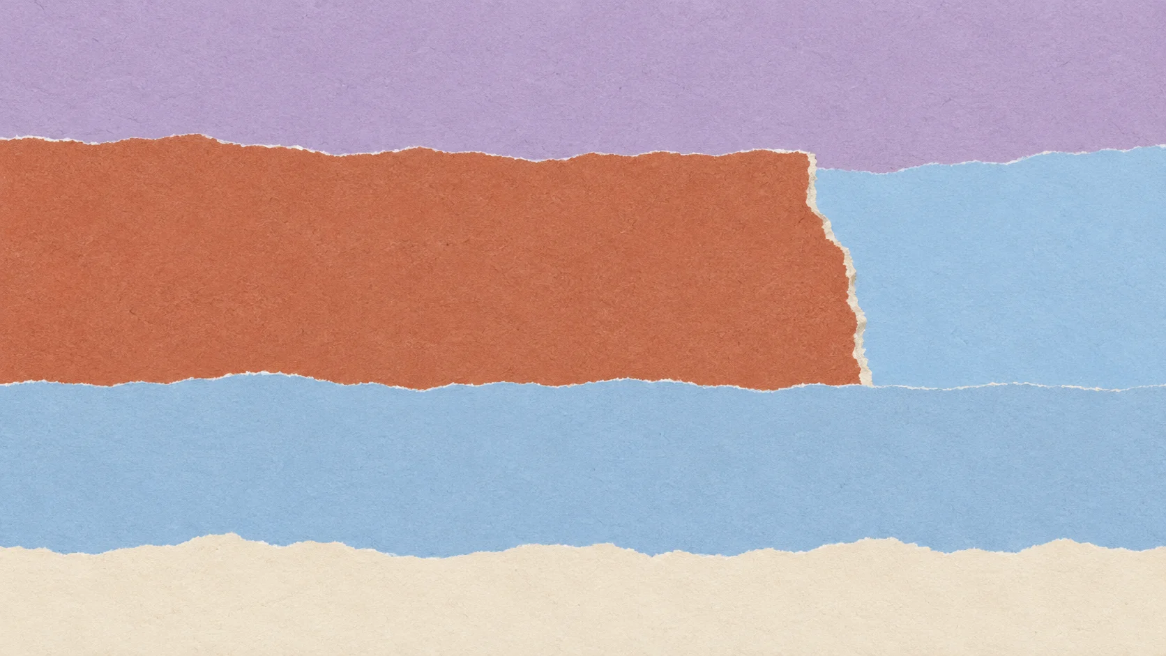 Broad lavender, terracotta and pale blue torn-paper bands, with a visible interruption in the terracotta layer.