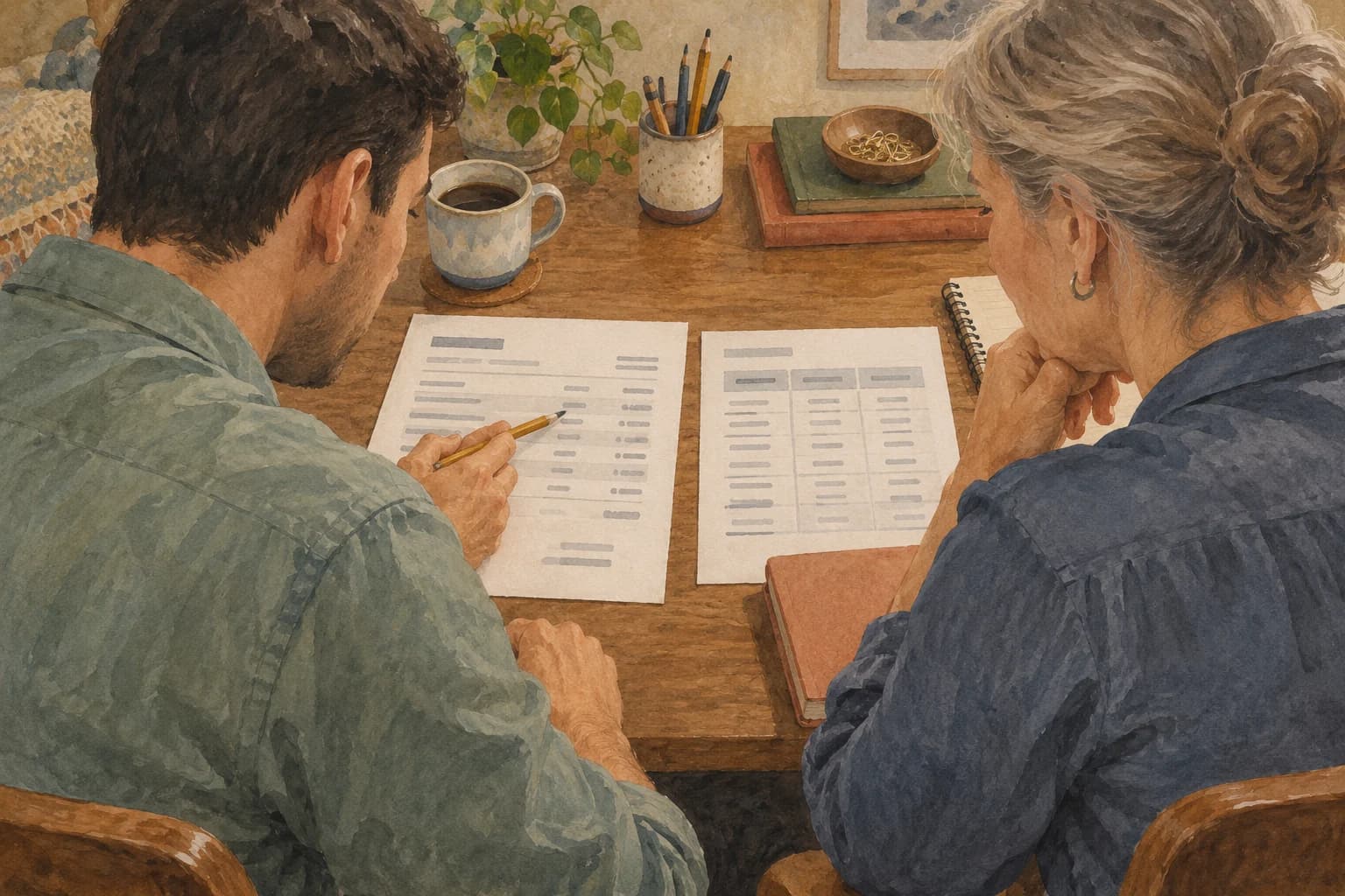 Two procurement colleagues compare a supplier quotation and a comparison sheet, with the pages facing their seated working position.
