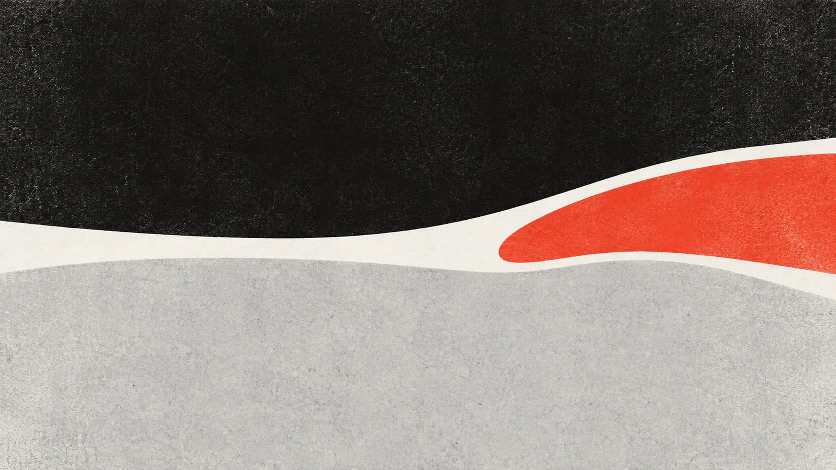A white interval separates broad charcoal and pale gray printed fields, with a vermilion form entering from the right.