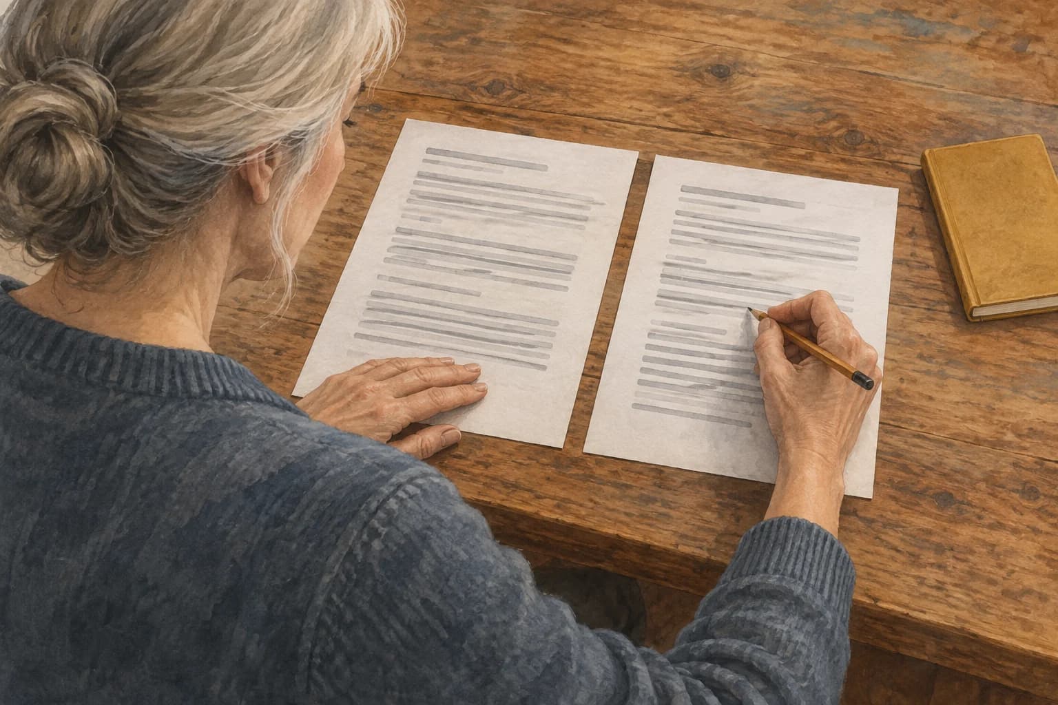 Viewed over her shoulder, a reviewer compares two printed replies laid out in her reading direction and marks one with a pencil.