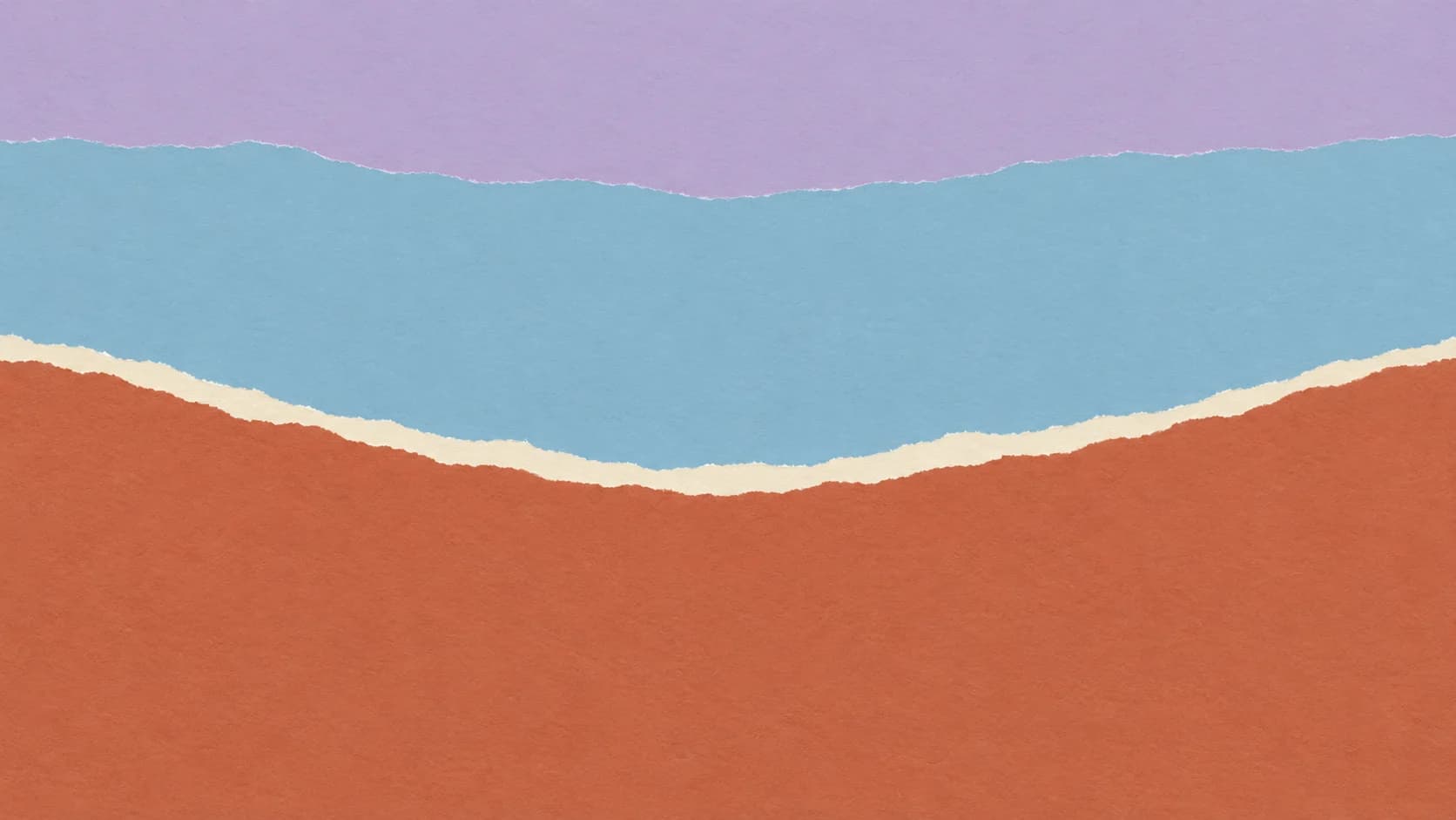 Broad lavender and blue torn-paper horizons curve above a clay foreground, separated by a narrow irregular ivory seam.