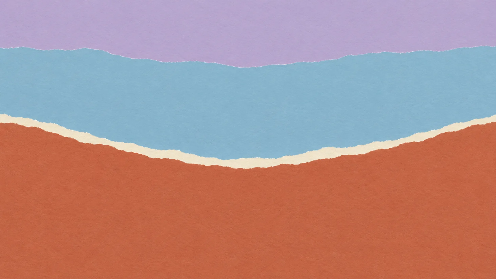Broad lavender and blue torn-paper horizons curve above a clay foreground, separated by a narrow irregular ivory seam.