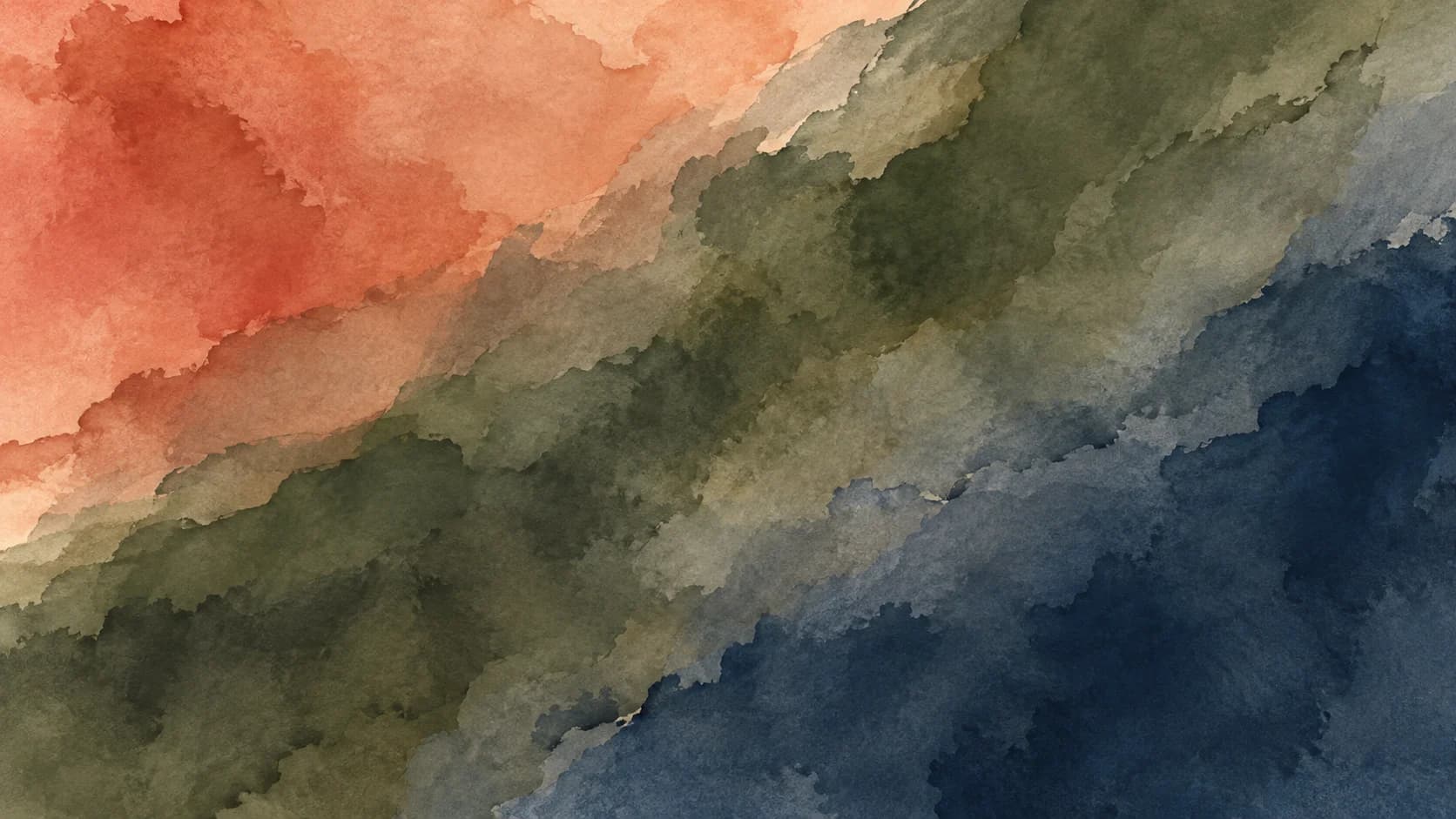 Broad coral, olive and indigo watercolor fields overlap along a rising diagonal.
