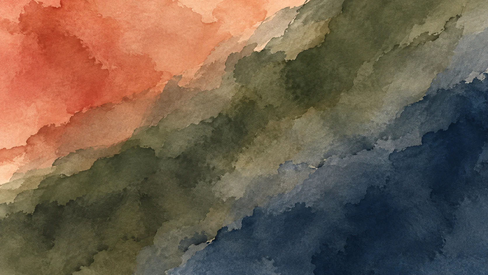 Broad coral, olive and indigo watercolor fields overlap along a rising diagonal.
