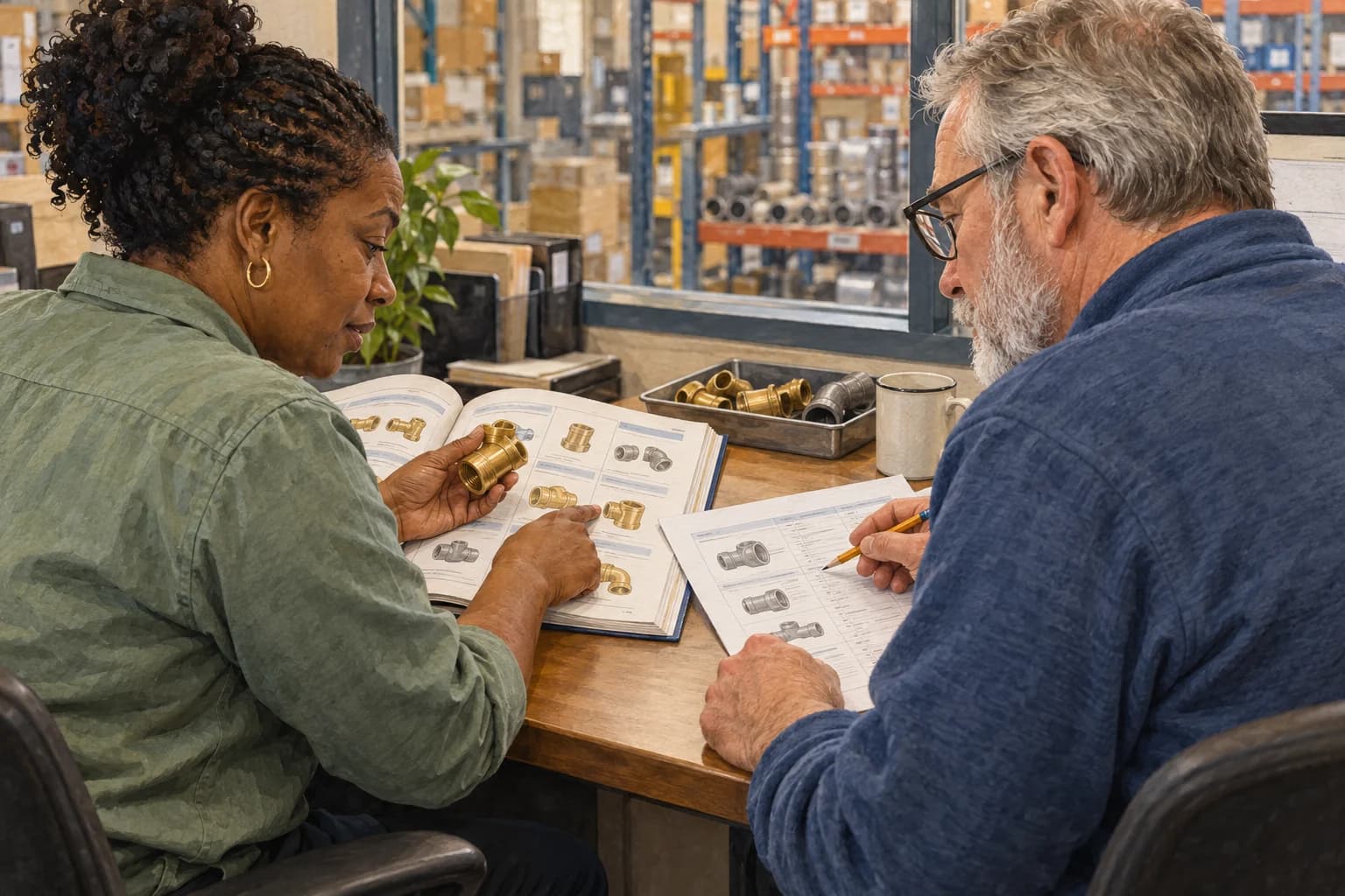 An industrial-parts sales manager holds a brass fitting and points to a supplier catalogue while a group service specialist compares a quotation. The catalogue and quote face their respective readers.