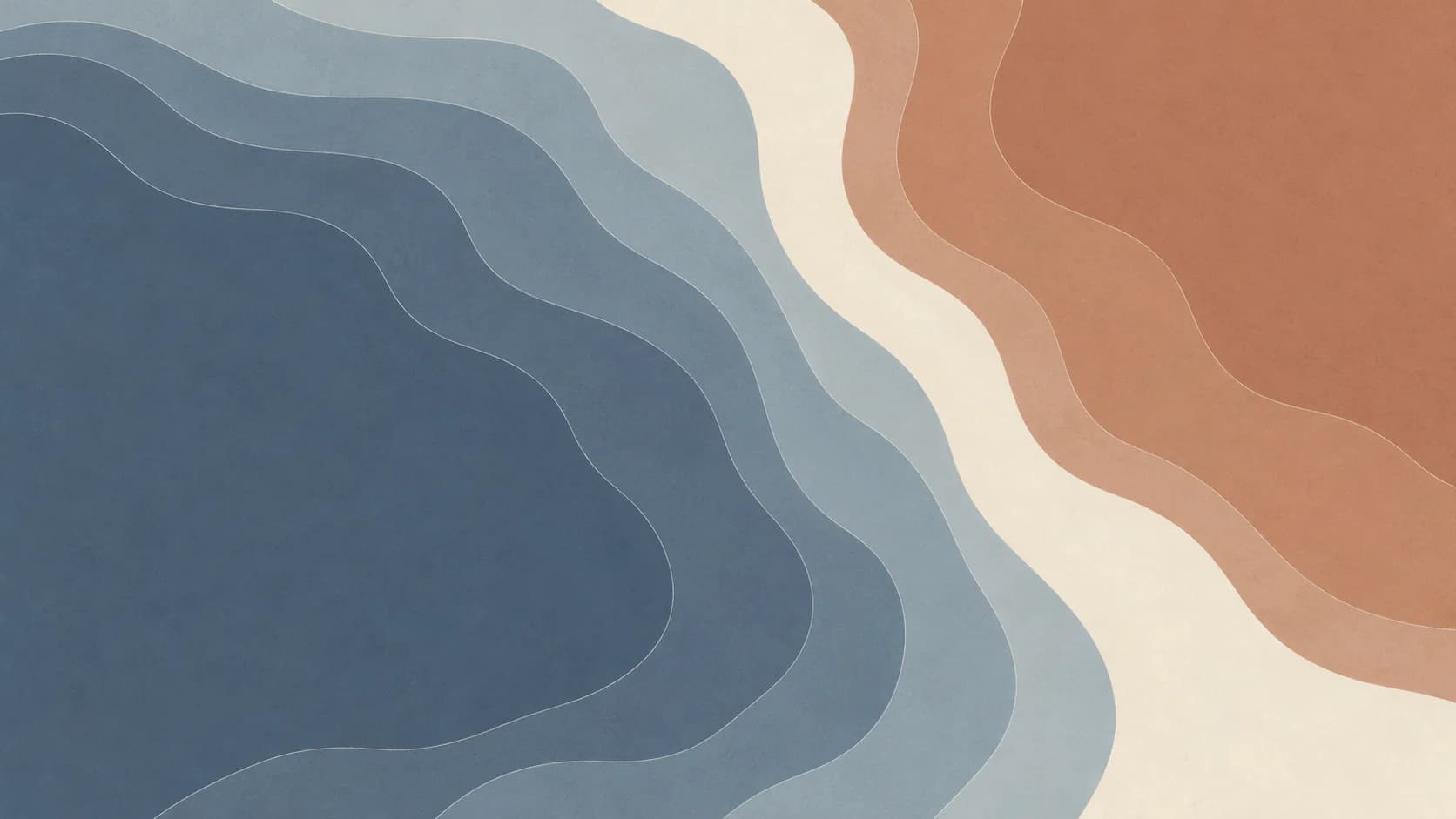 Broad nested slate and clay contour regions meet across an irregular ivory boundary, with a few fine lines tracing their shapes.