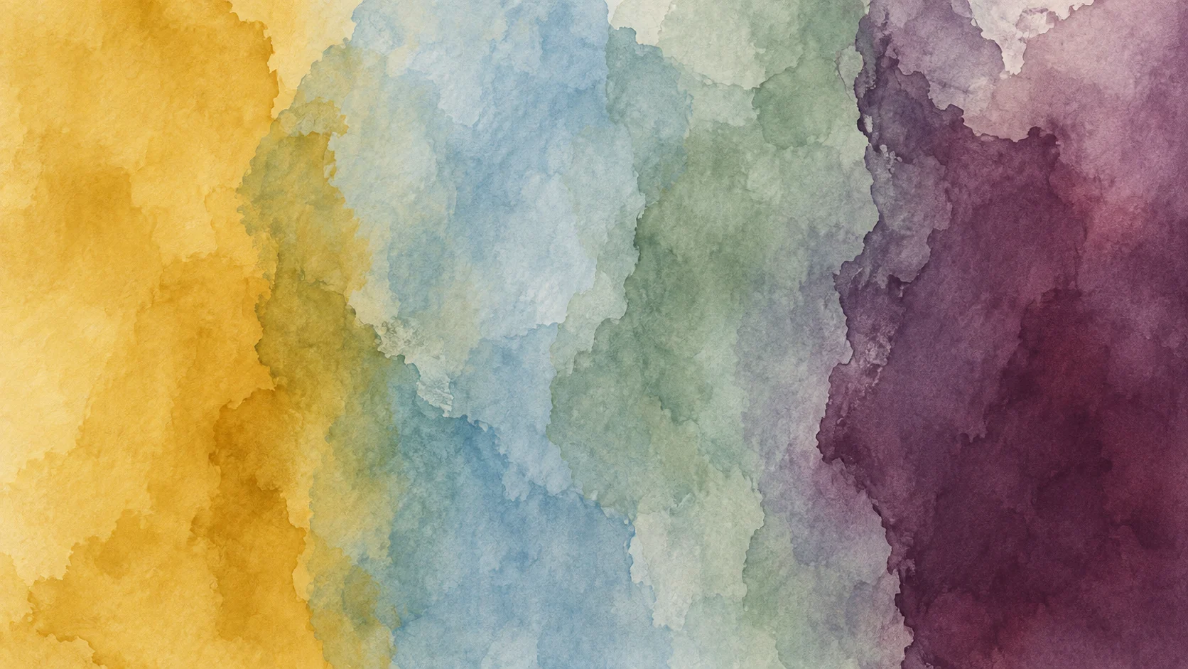 Broad mustard, pale blue, sage and plum watercolor fields meet through softly uneven upright boundaries.