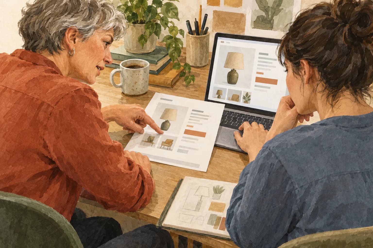 An experienced retail designer points to a product-page printout while a junior colleague compares it with a laptop draft.