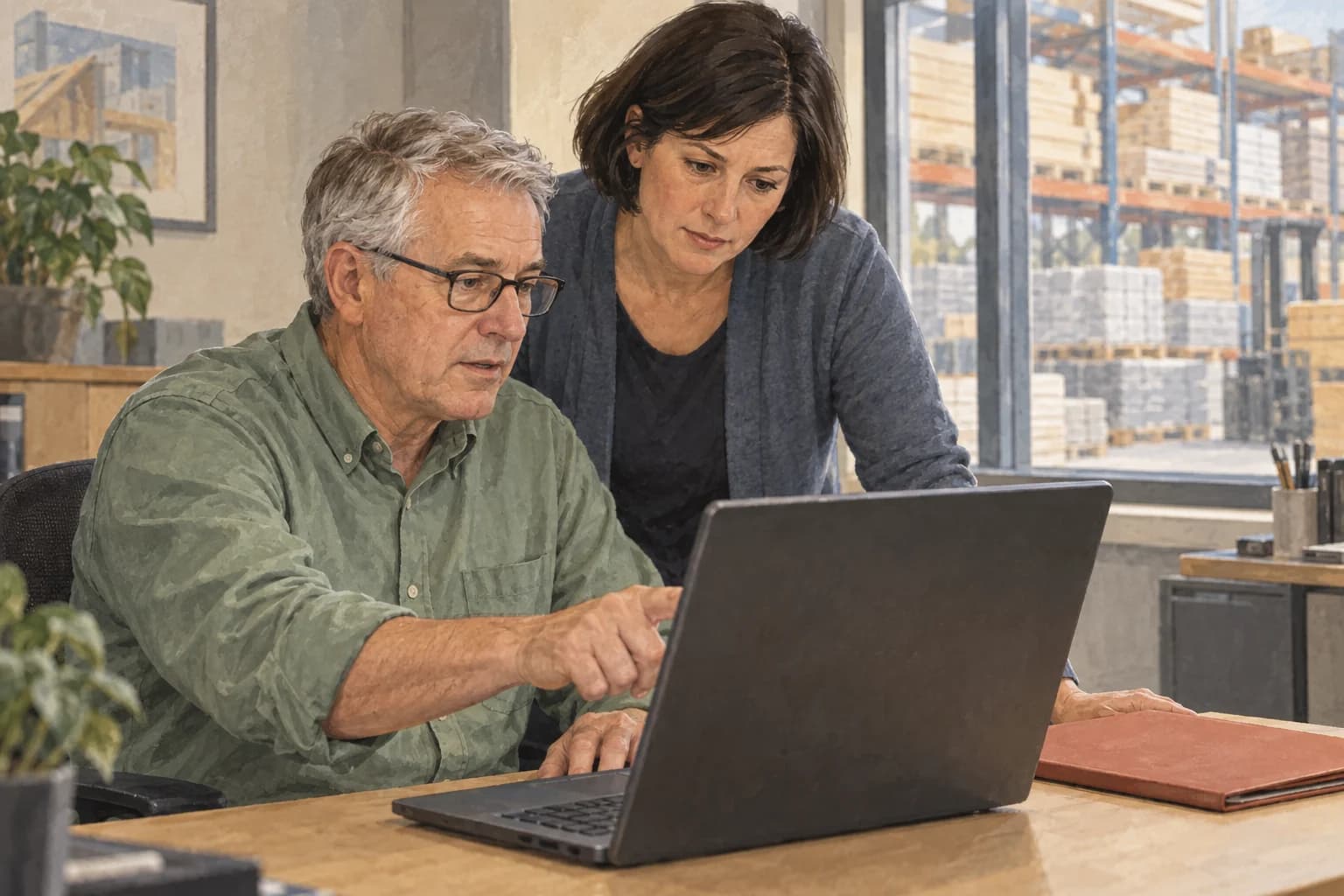 A seated purchasing assistant and a buyer beside him examine the assistant's laptop in a distribution office.