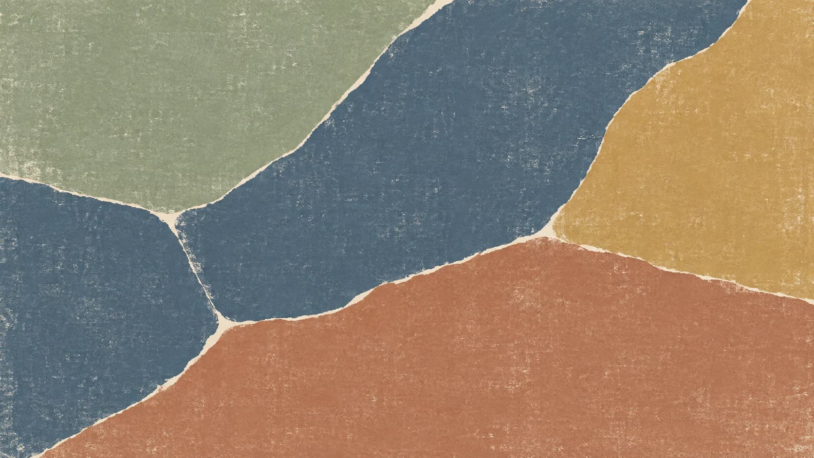 Broad slate, sage, ochre and clay monoprint impressions meet along offset oblique boundaries across opaque paper.